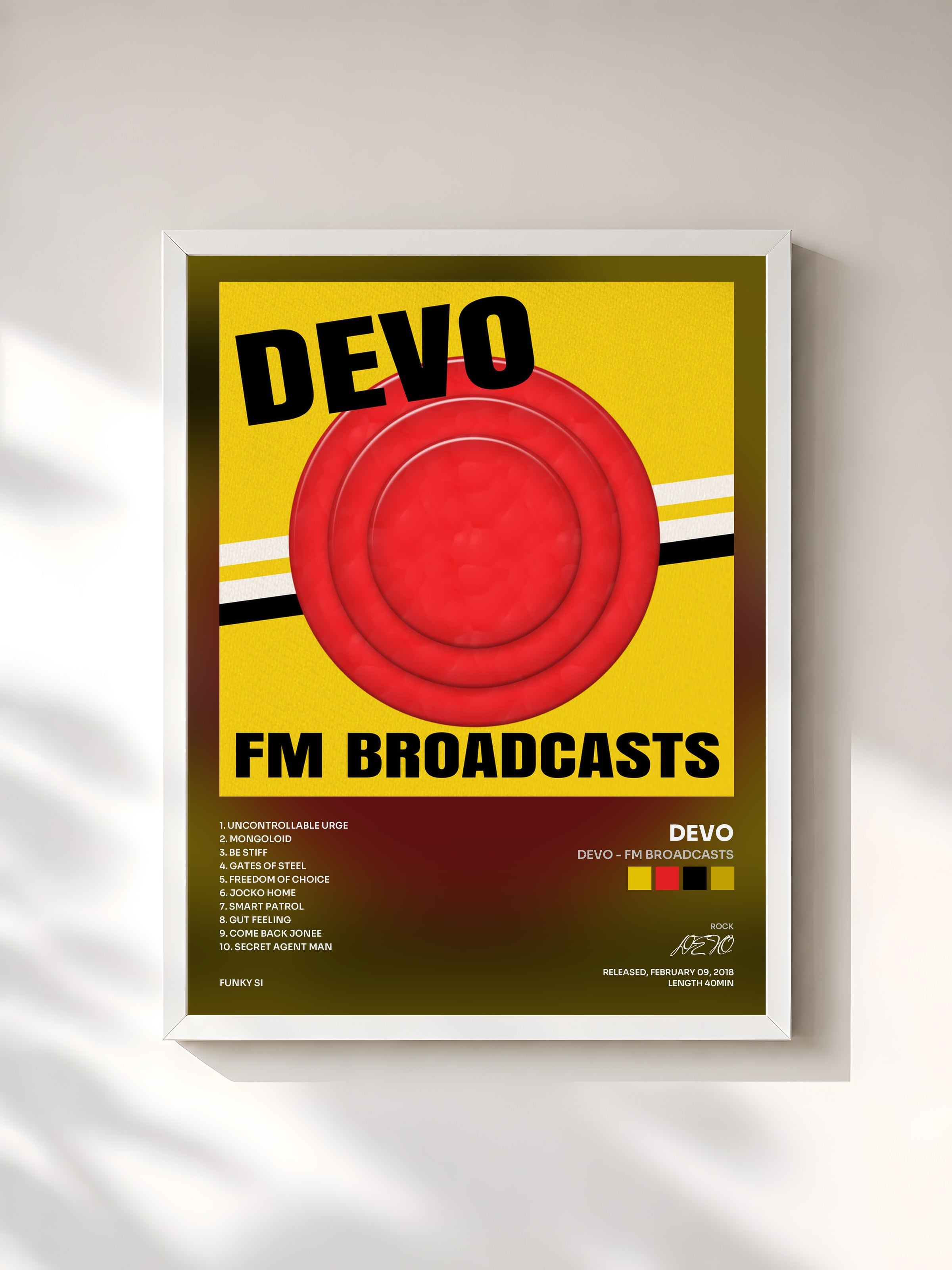 #blanc Tableau de l'album Devo - FM Broadcasts de DEVO, cadre blanc, imprimé et encadré en France