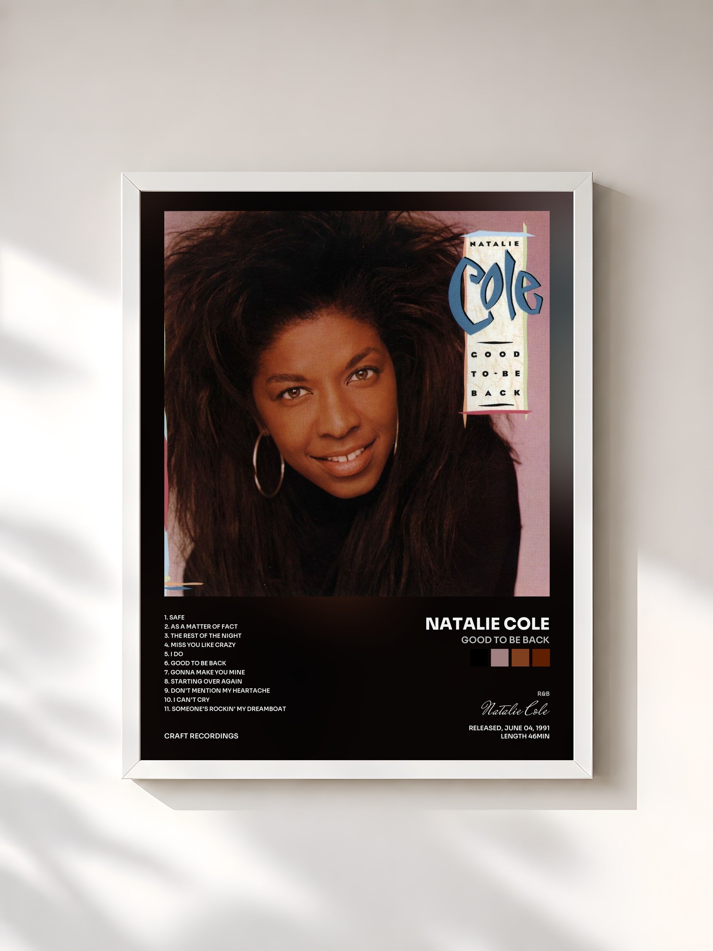 #blanc Tableau de l'album Good To Be Back de Natalie Cole, cadre blanc, imprimé et encadré en France