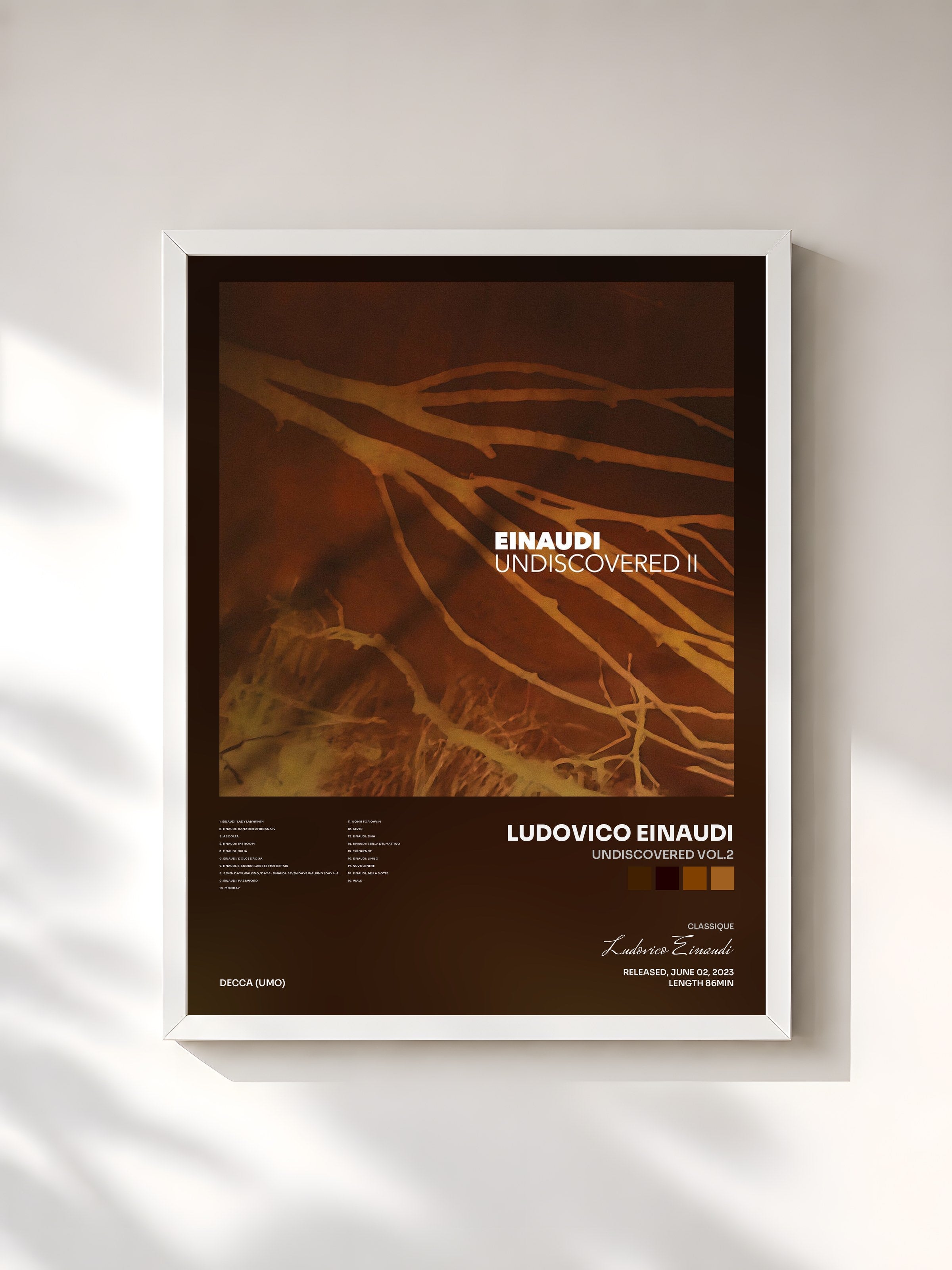 #blanc Tableau de l'album Undiscovered Vol.2 de Ludovico Einaudi, cadre blanc, imprimé et encadré en France