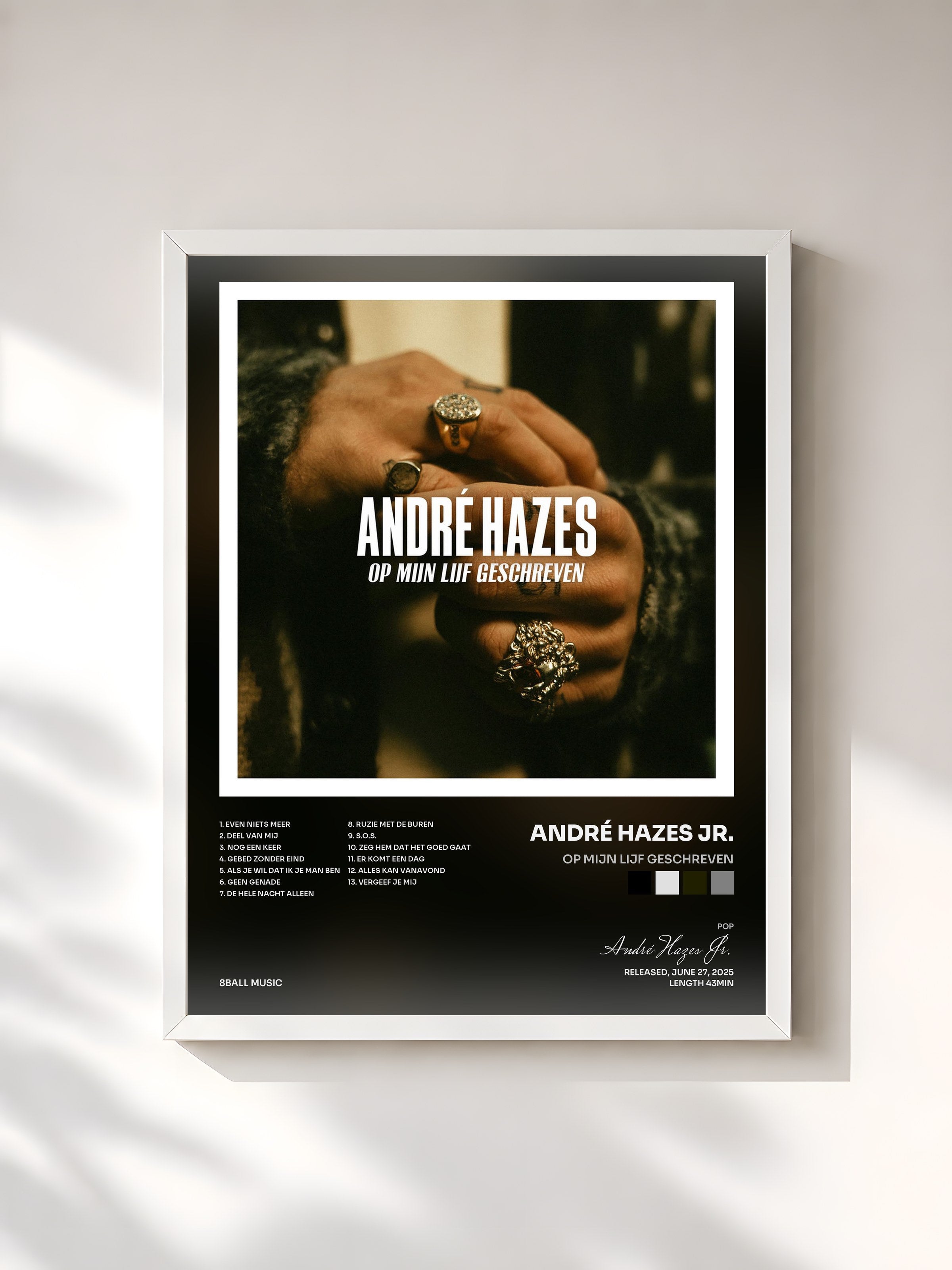 #blanc Tableau de l'album Op Mijn Lijf Geschreven de André Hazes Jr., cadre blanc, imprimé et encadré en France