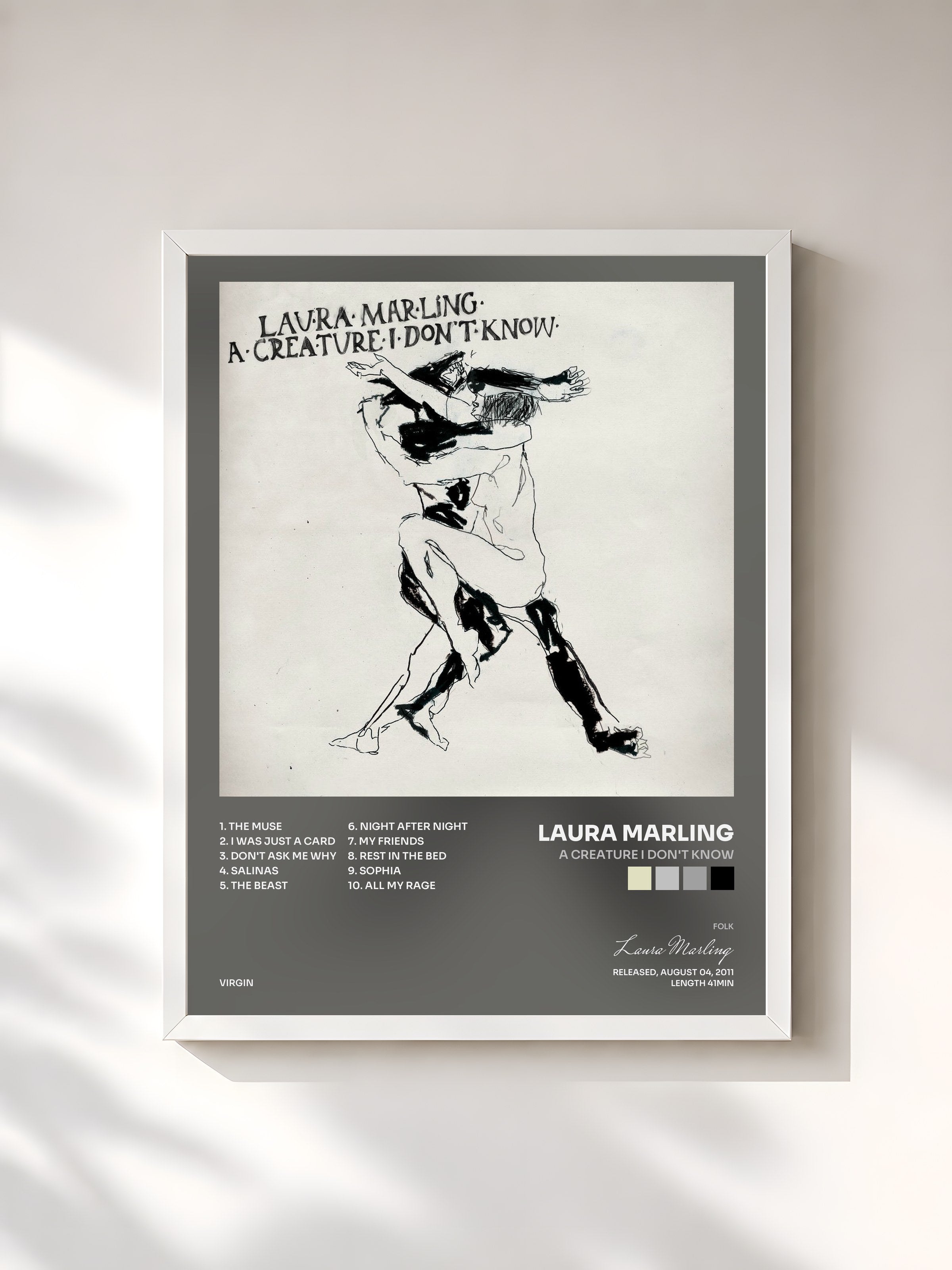 #blanc Tableau de l'album A Creature I Don't Know de Laura Marling, cadre blanc, imprimé et encadré en France