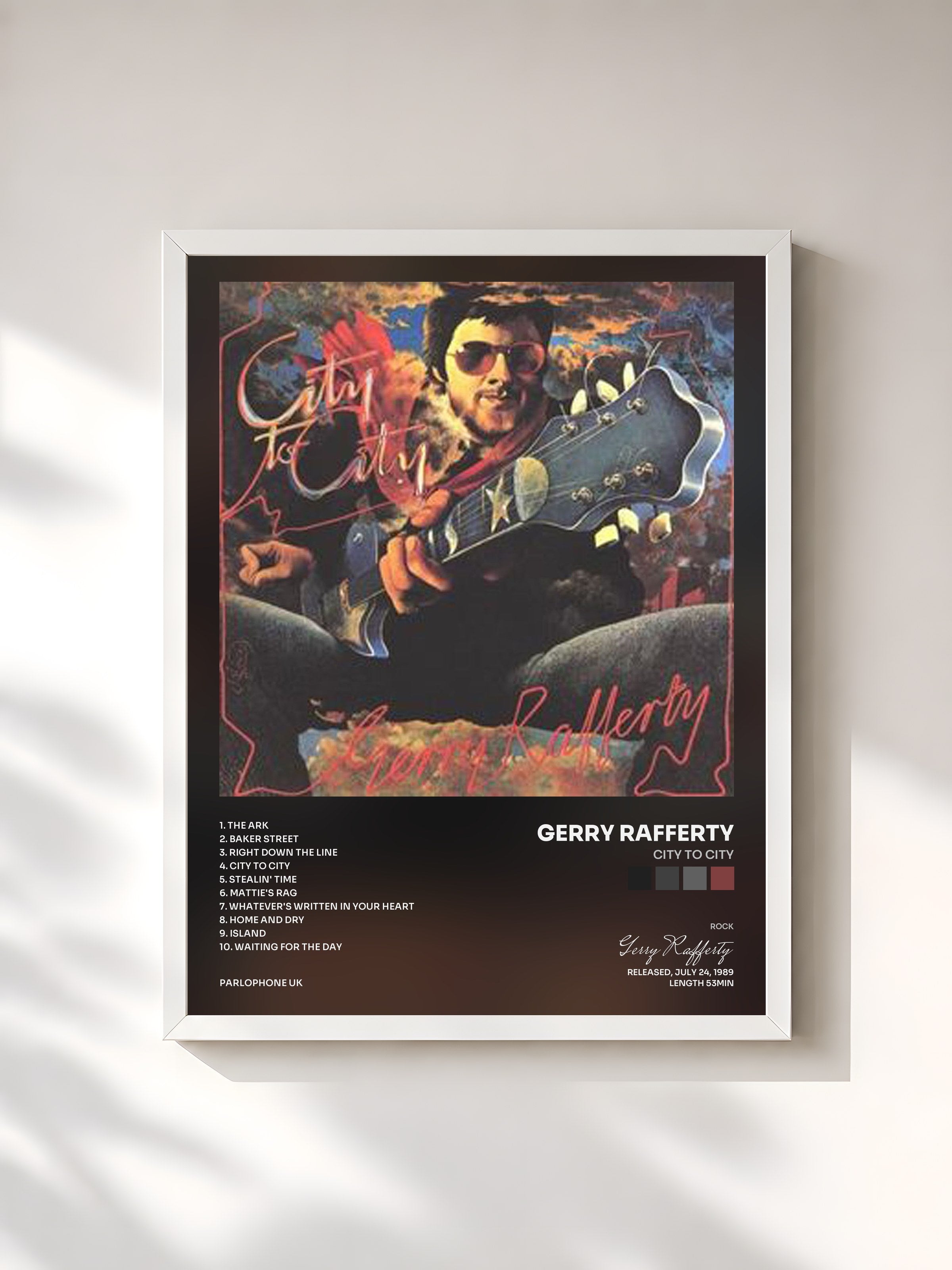 #blanc Tableau de l'album City to City de Gerry Rafferty, cadre blanc, imprimé et encadré en France