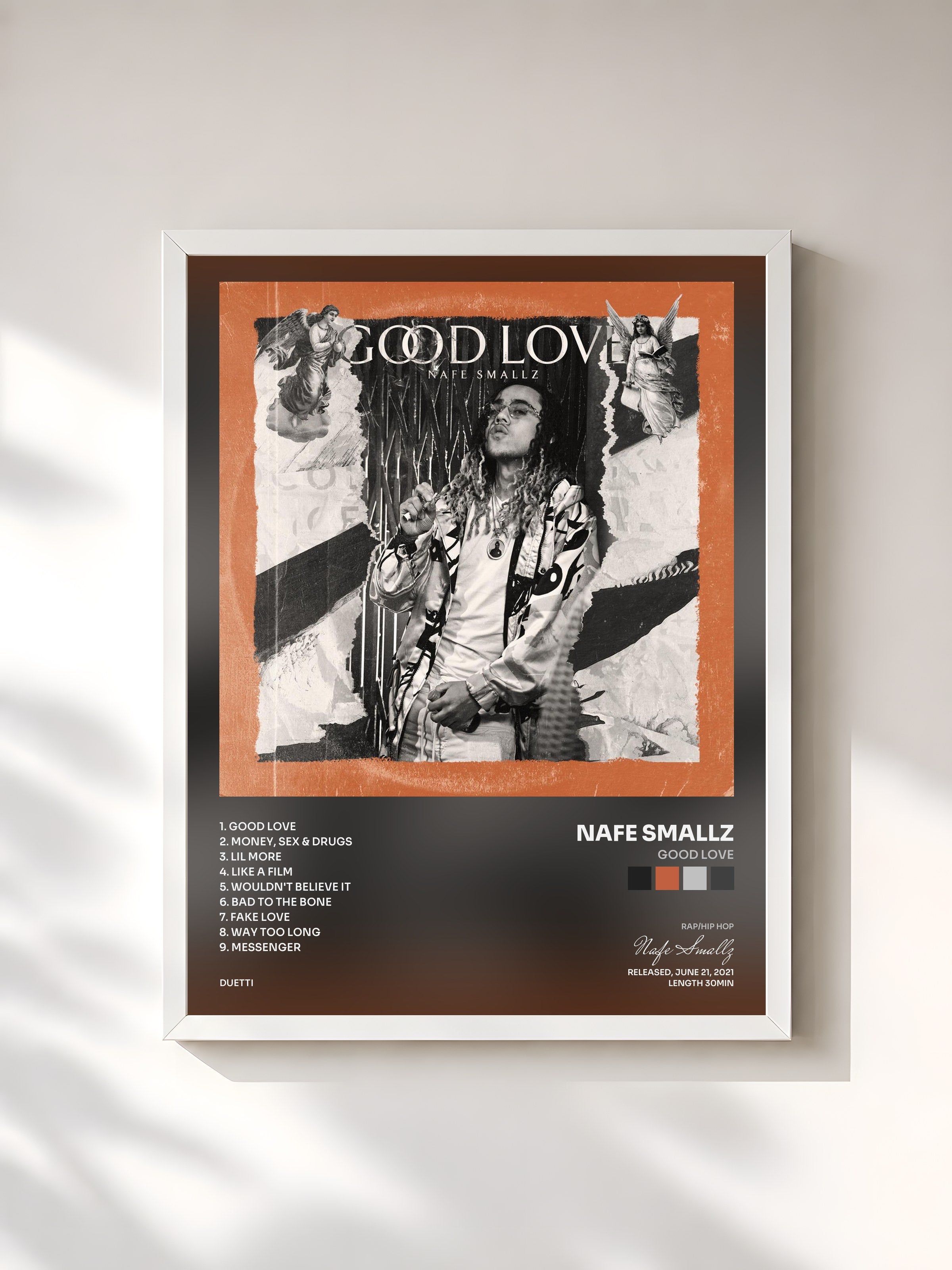 #blanc Tableau de l'album Good Love de Nafe Smallz, cadre blanc, imprimé et encadré en France
