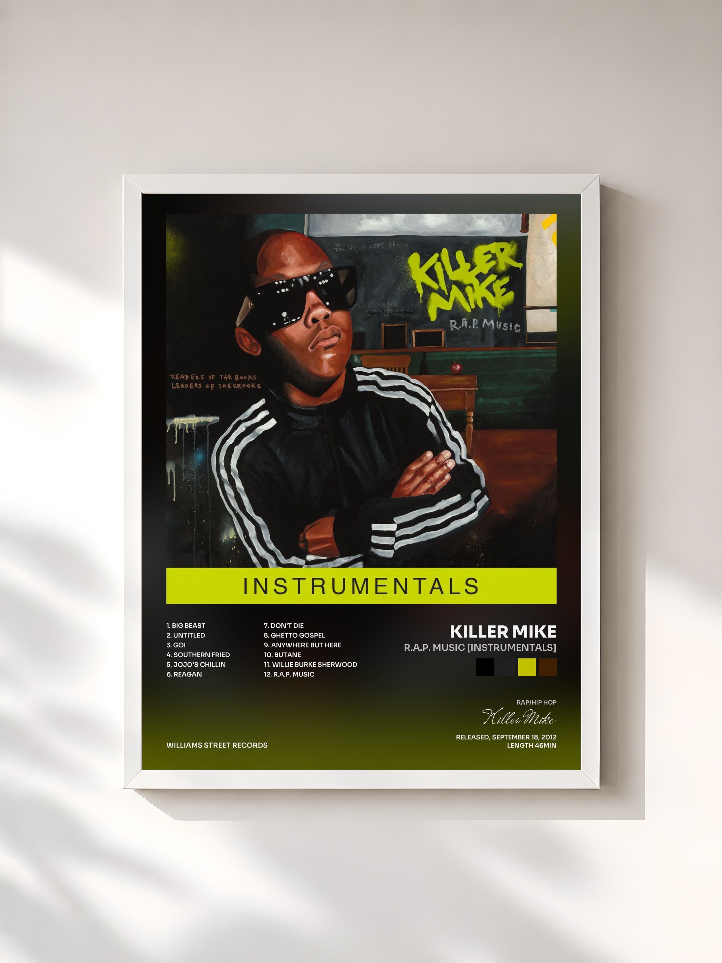#blanc Tableau de l'album R.A.P. Music [Instrumentals] de Killer Mike, cadre blanc, imprimé et encadré en France