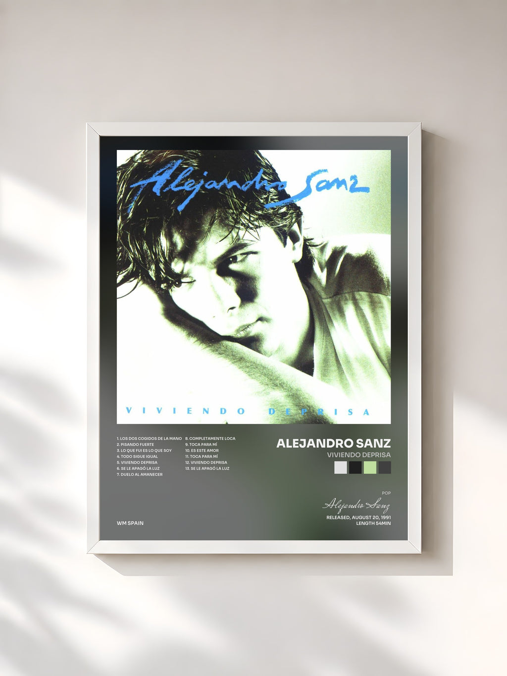 #blanc Tableau de l'album Viviendo deprisa de Alejandro Sanz, cadre blanc, imprimé et encadré en France