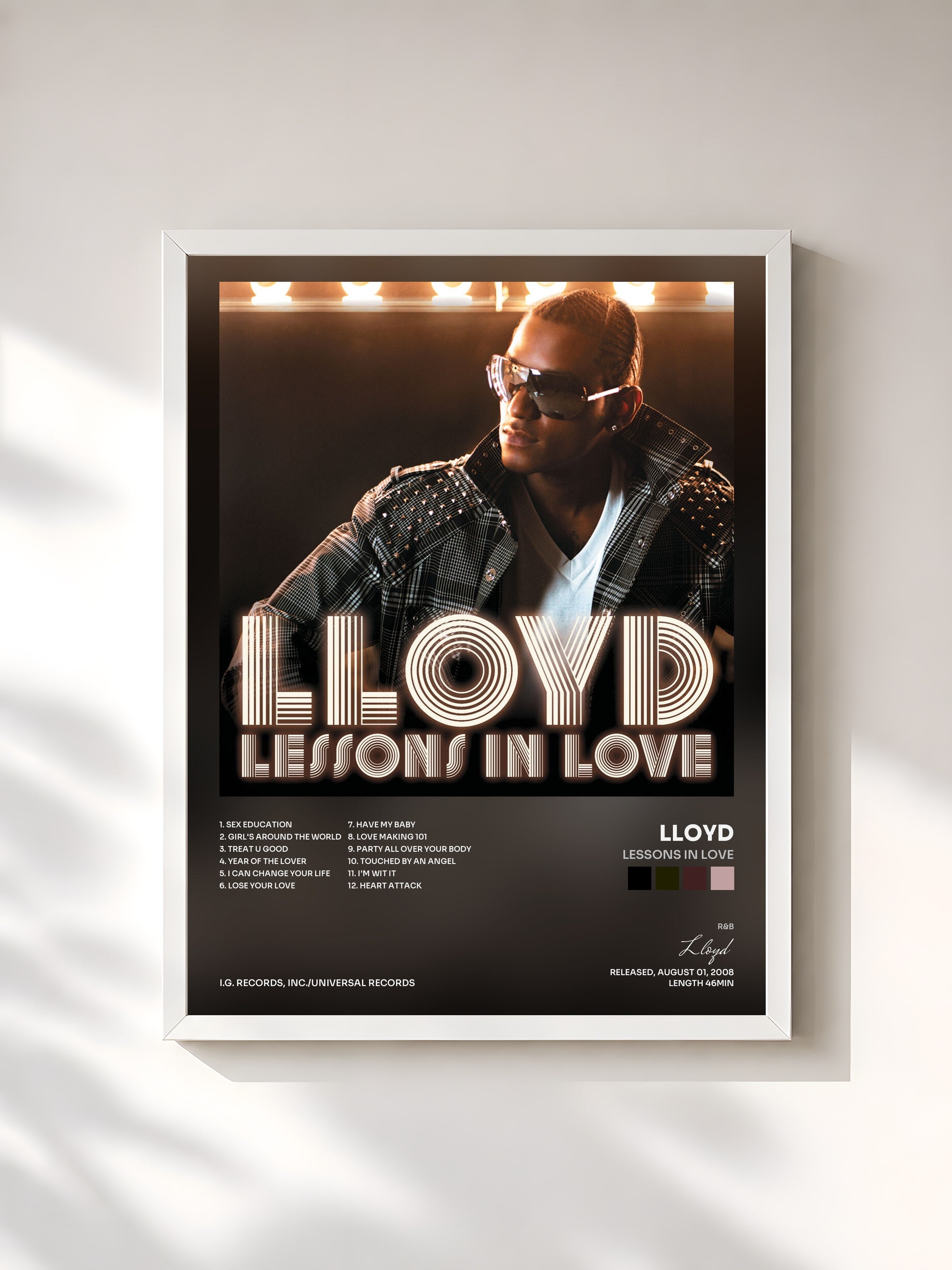 #blanc Tableau de l'album Lessons In Love de Lloyd, cadre blanc, imprimé et encadré en France