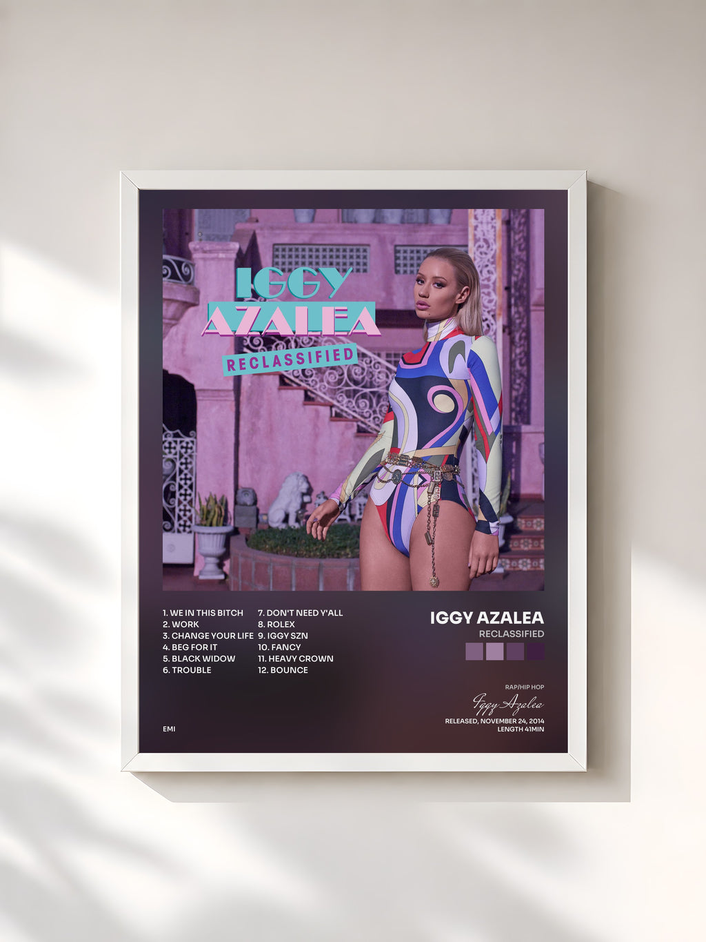 #blanc Tableau de l'album Reclassified de Iggy Azalea, cadre blanc, imprimé et encadré en France