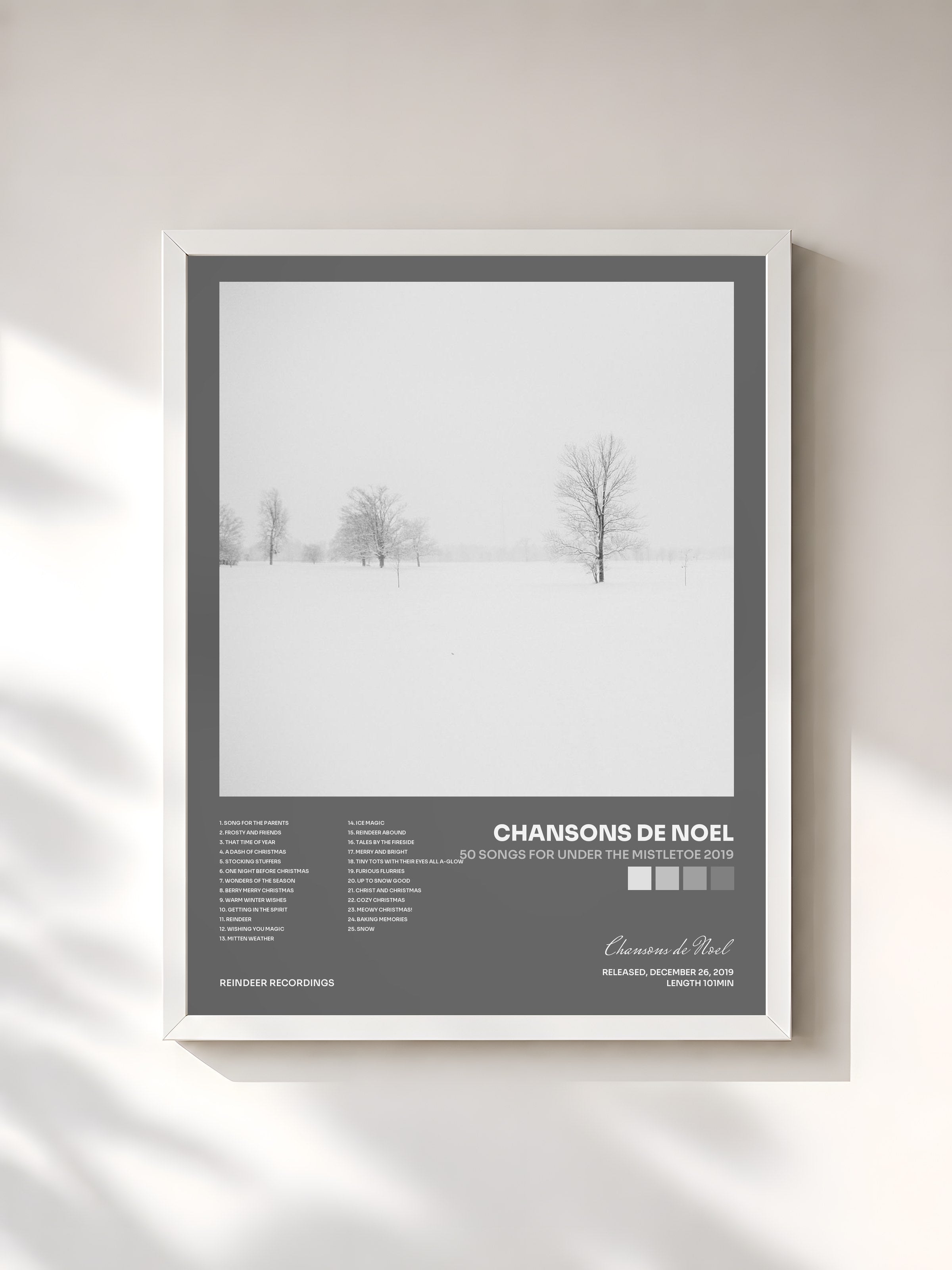 #blanc Tableau de l'album 50 Songs for Under the Mistletoe 2019 de Chansons de Noel, cadre blanc, imprimé et encadré en France