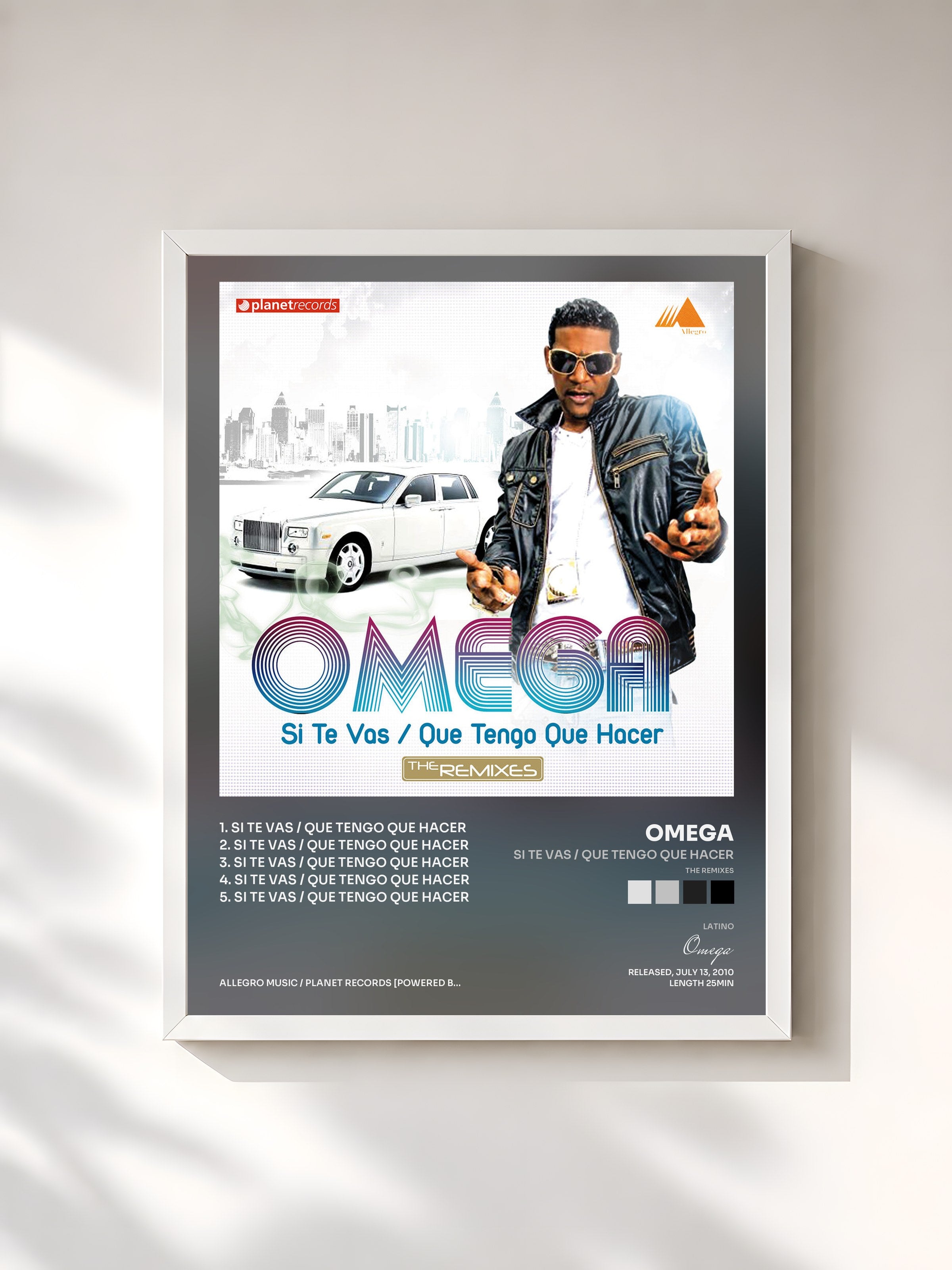 #blanc Tableau de l'album Si Te Vas / Que Tengo Que Hacer (The Remixes) de Omega, cadre blanc, imprimé et encadré en France