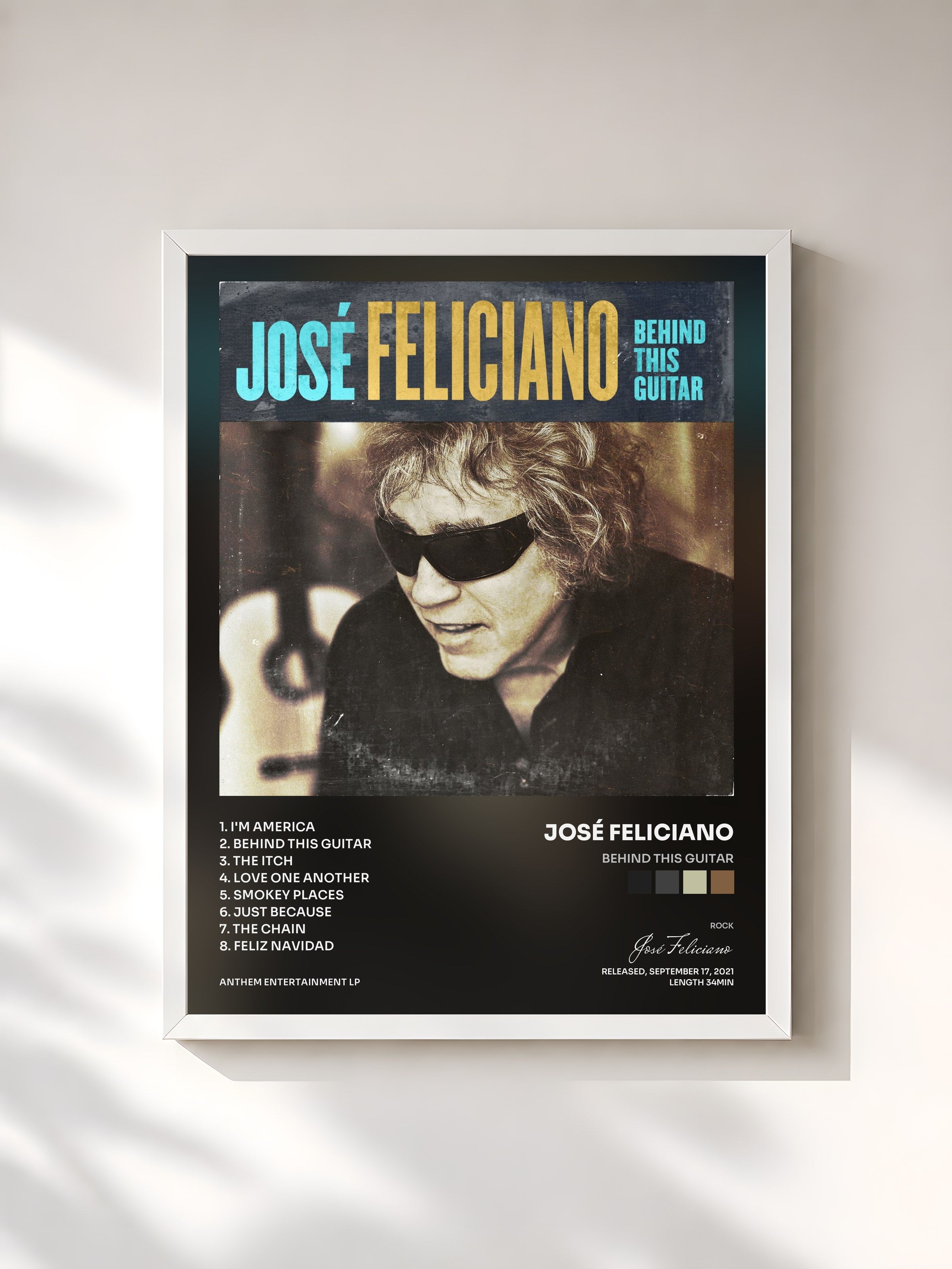 #blanc Tableau de l'album Behind This Guitar de José Feliciano, cadre blanc, imprimé et encadré en France