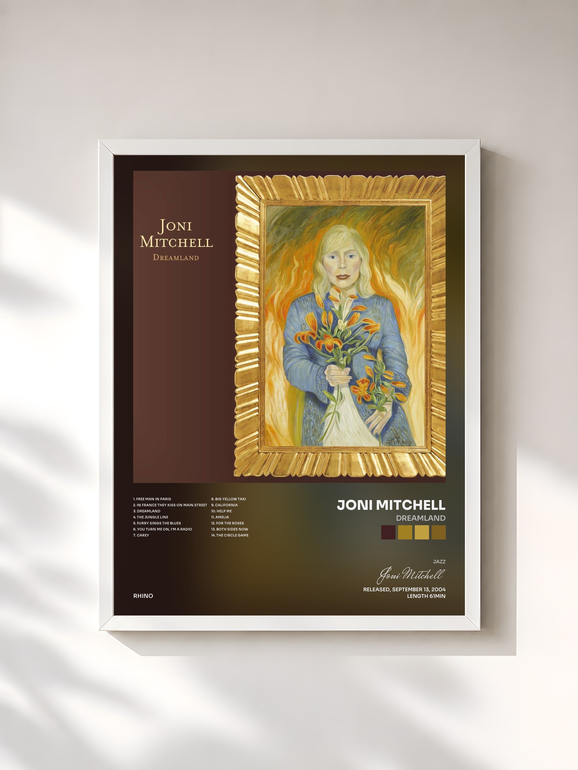 #blanc Tableau de l'album Dreamland de Joni Mitchell, cadre blanc, imprimé et encadré en France