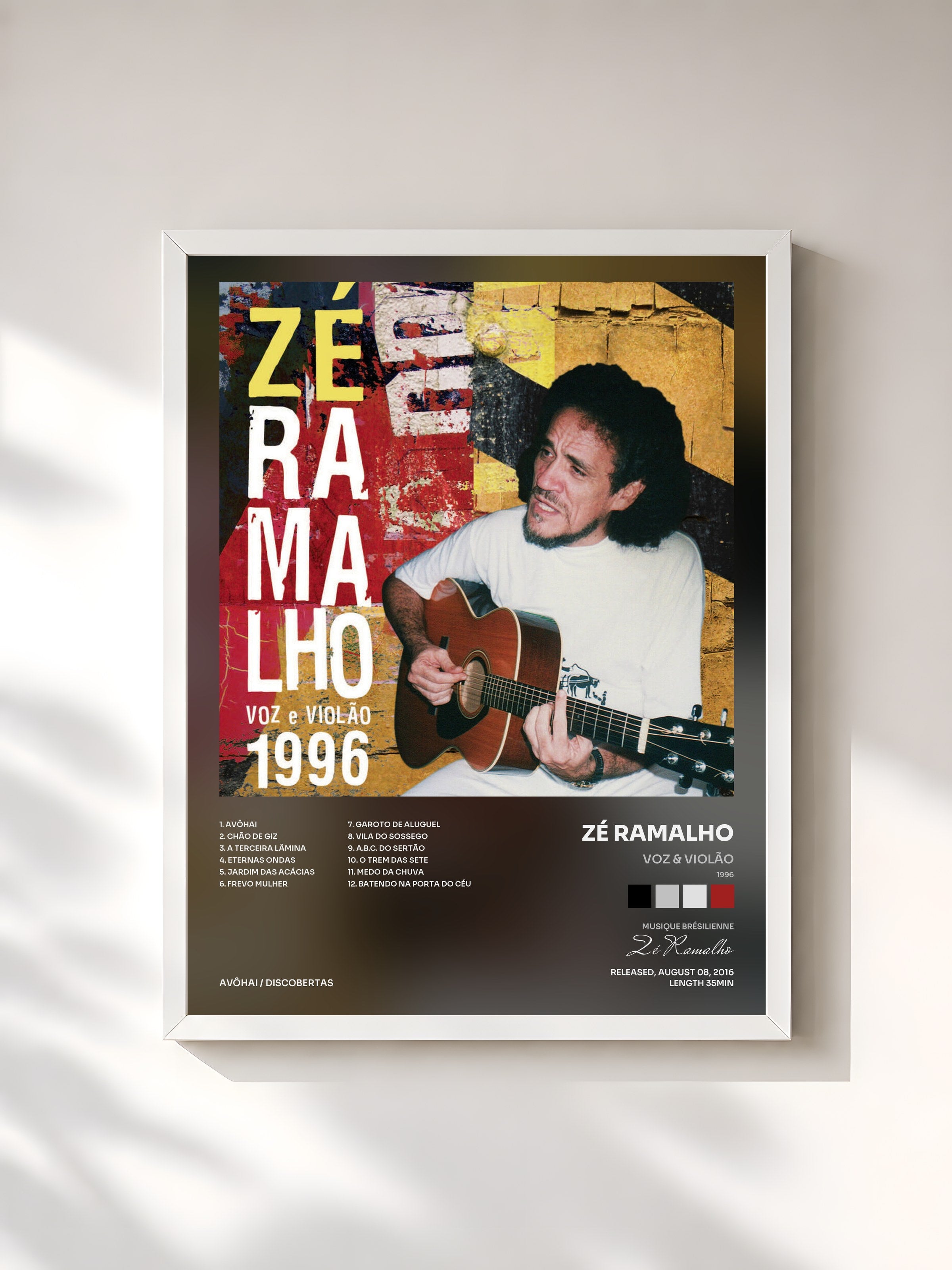 #blanc Tableau de l'album Voz & Violão (1996) de Zé Ramalho, cadre blanc, imprimé et encadré en France