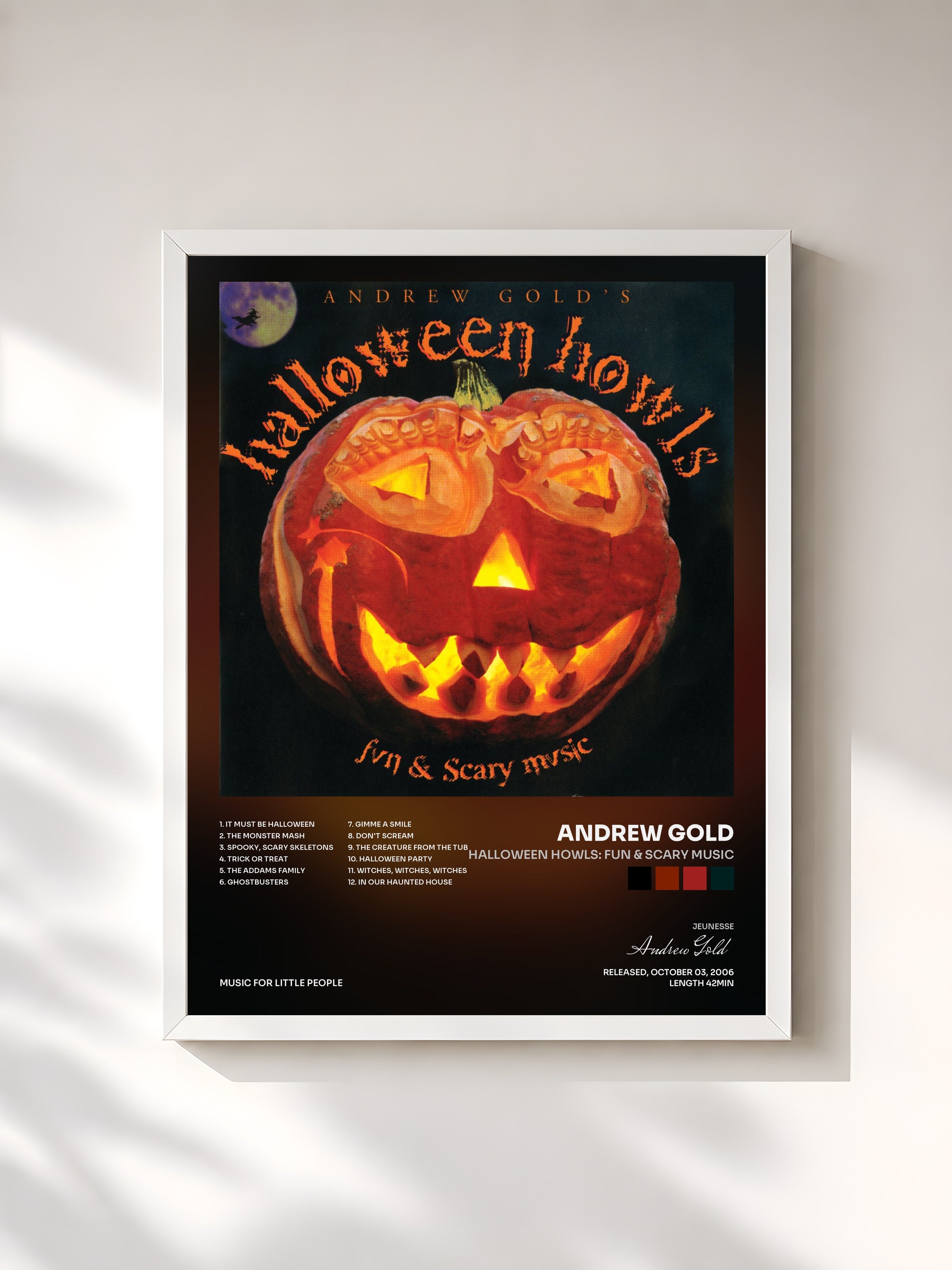 #blanc Tableau de l'album Halloween Howls: Fun & Scary Music de Andrew Gold, cadre blanc, imprimé et encadré en France