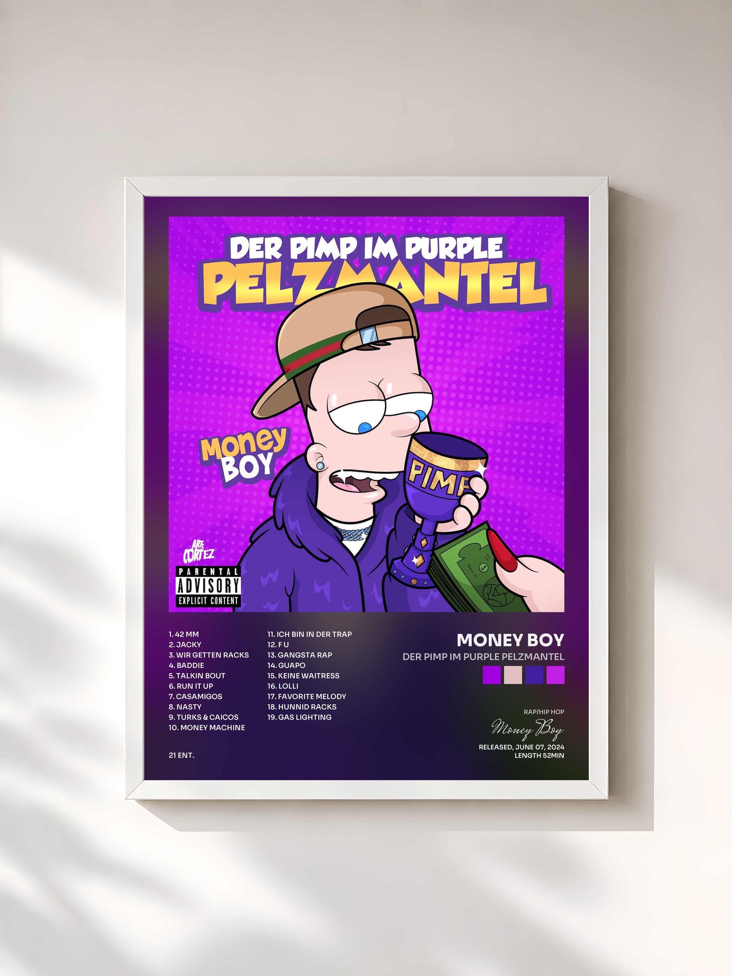 #blanc Tableau de l'album Der Pimp im purple Pelzmantel de Money Boy, cadre blanc, imprimé et encadré en France