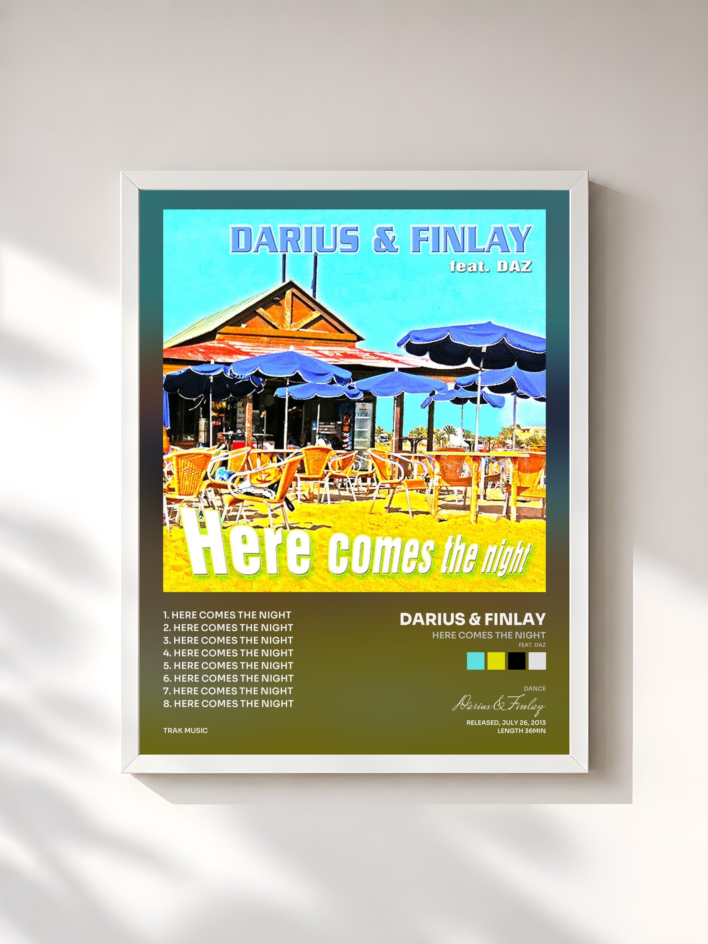 #blanc Tableau de l'album Here Comes the Night (feat. Daz) de Darius & Finlay, cadre blanc, imprimé et encadré en France