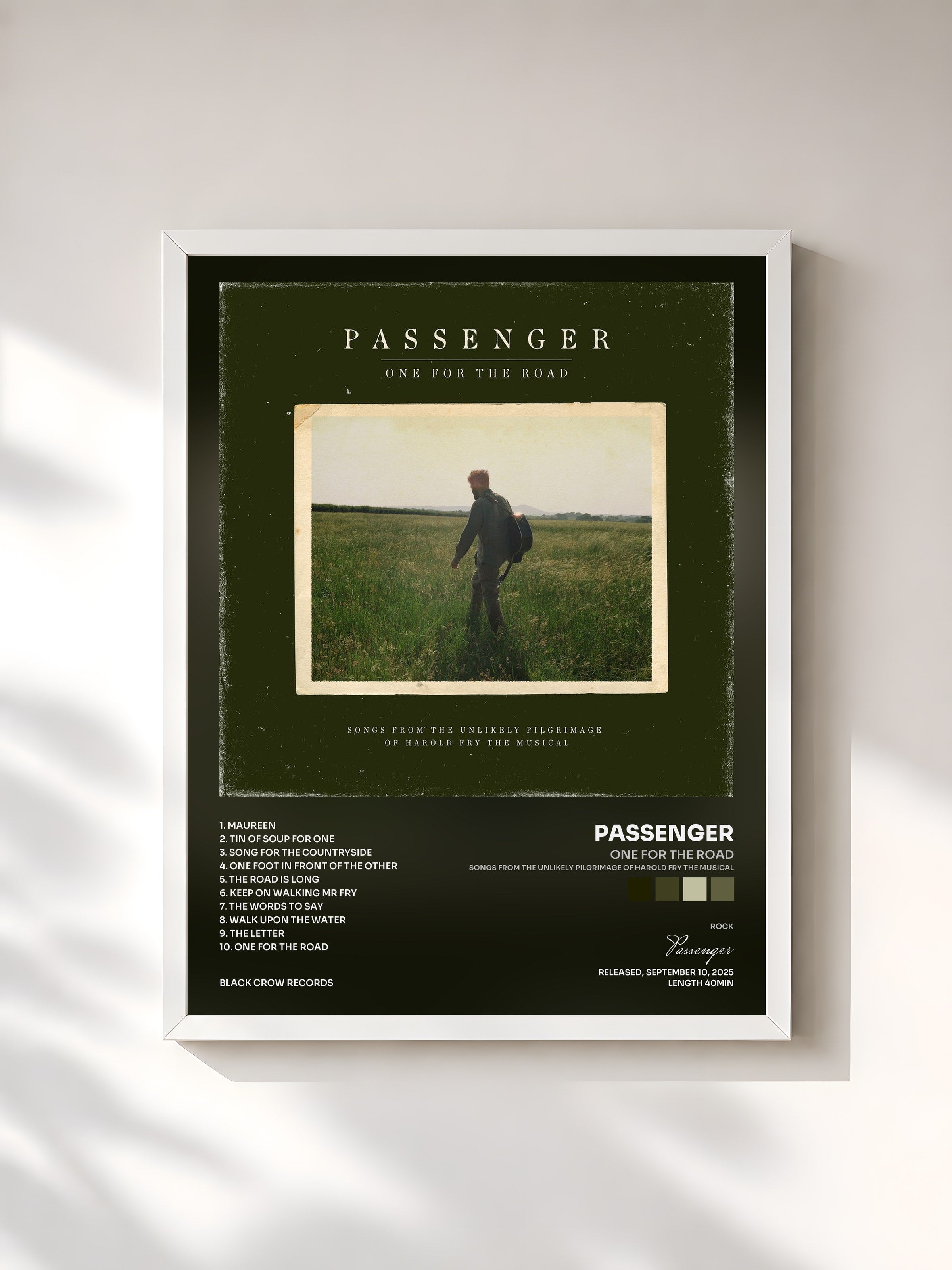 #blanc Tableau de l'album One for the Road (Songs from the Unlikely Pilgrimage of Harold Fry the Musical) de Passenger, cadre blanc, imprimé et encadré en France
