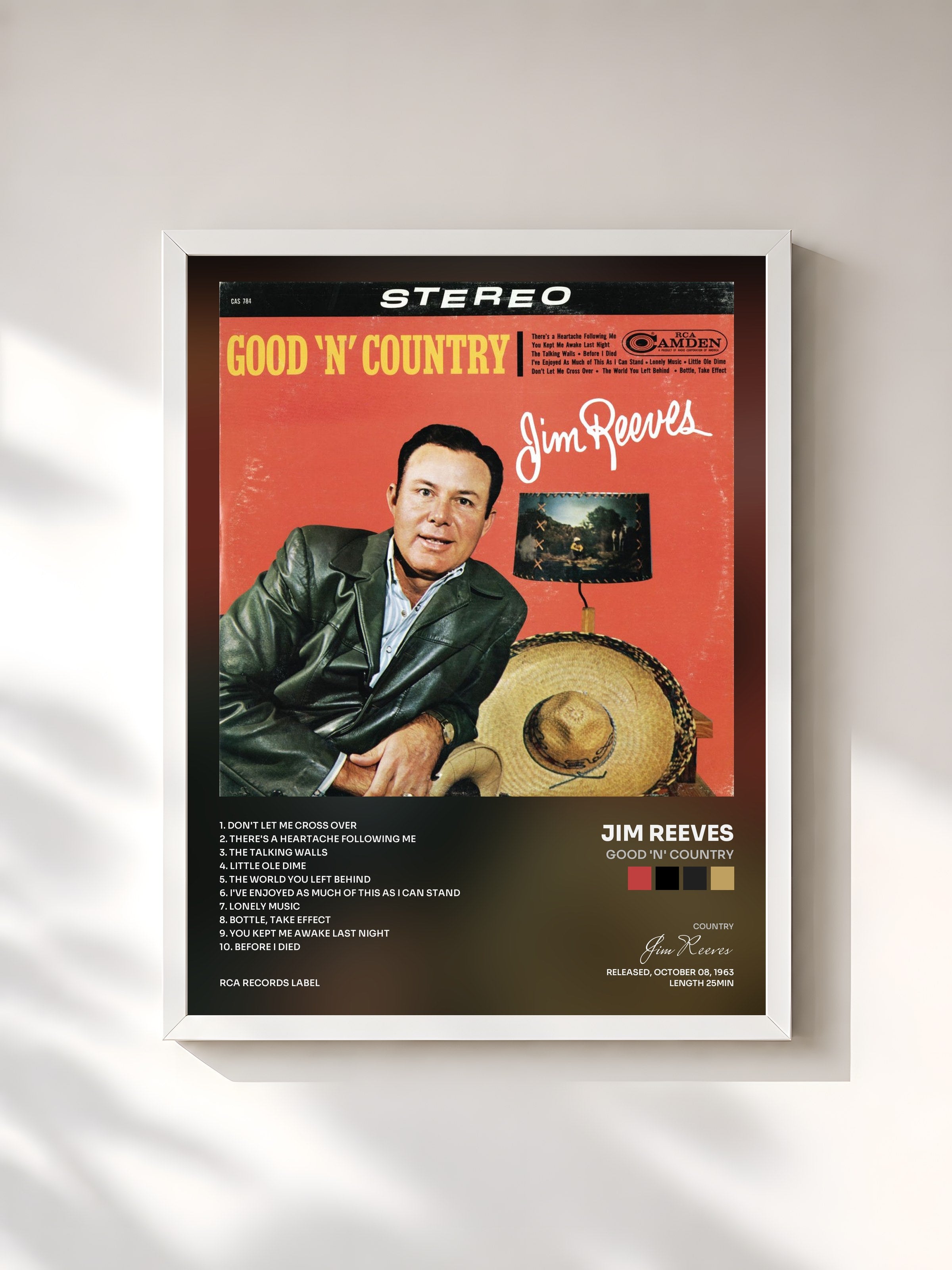 #blanc Tableau de l'album Good 'N' Country de Jim Reeves, cadre blanc, imprimé et encadré en France