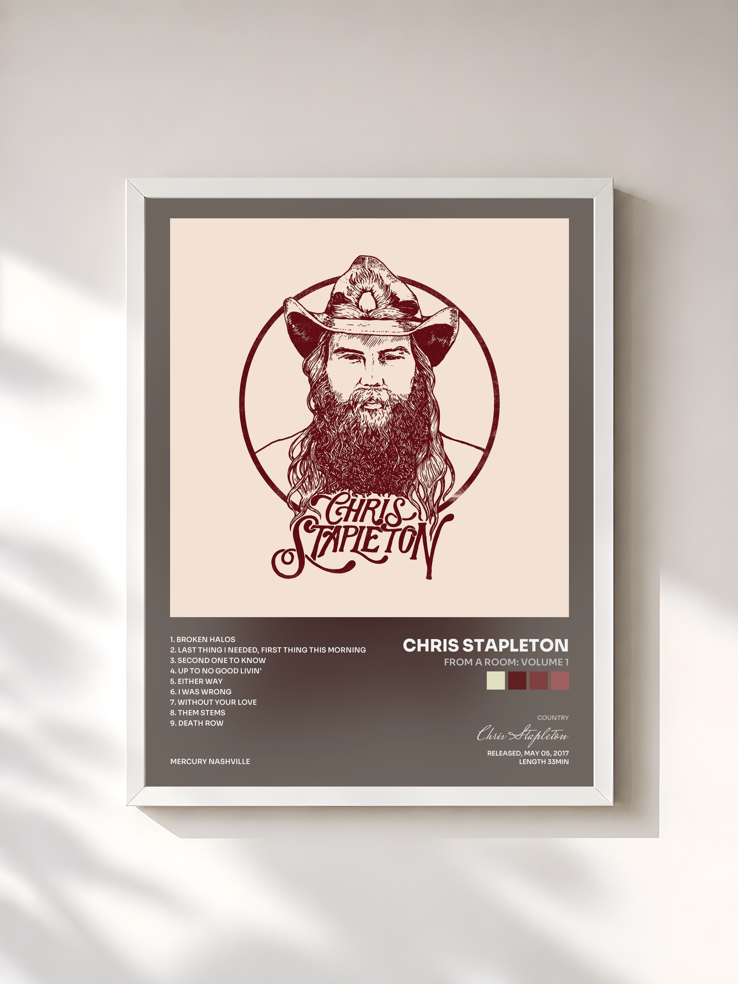 #blanc Tableau de l'album From A Room: Volume 1 de Chris Stapleton, cadre blanc, imprimé et encadré en France