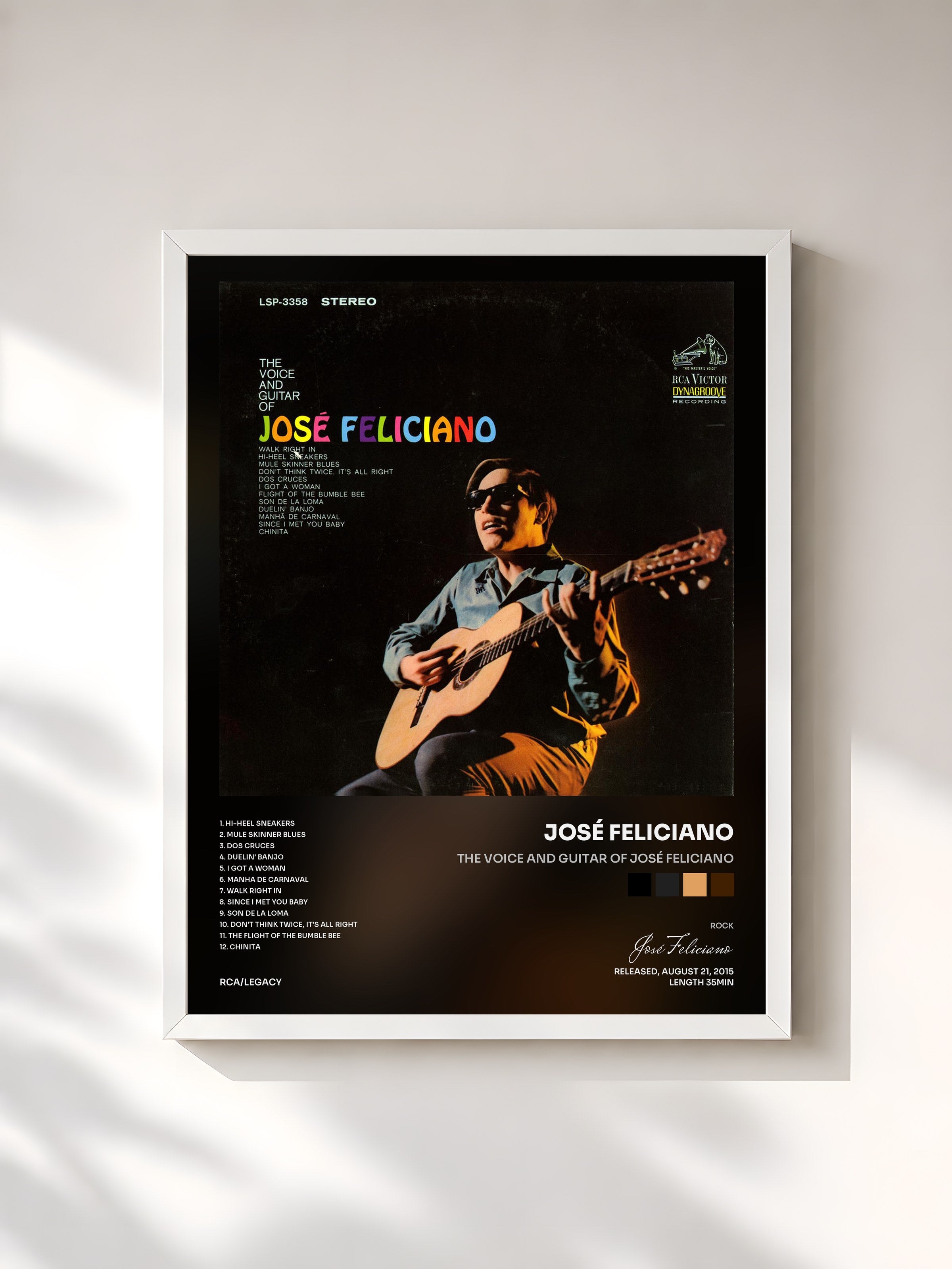 #blanc Tableau de l'album The Voice and Guitar of José Feliciano de José Feliciano, cadre blanc, imprimé et encadré en France