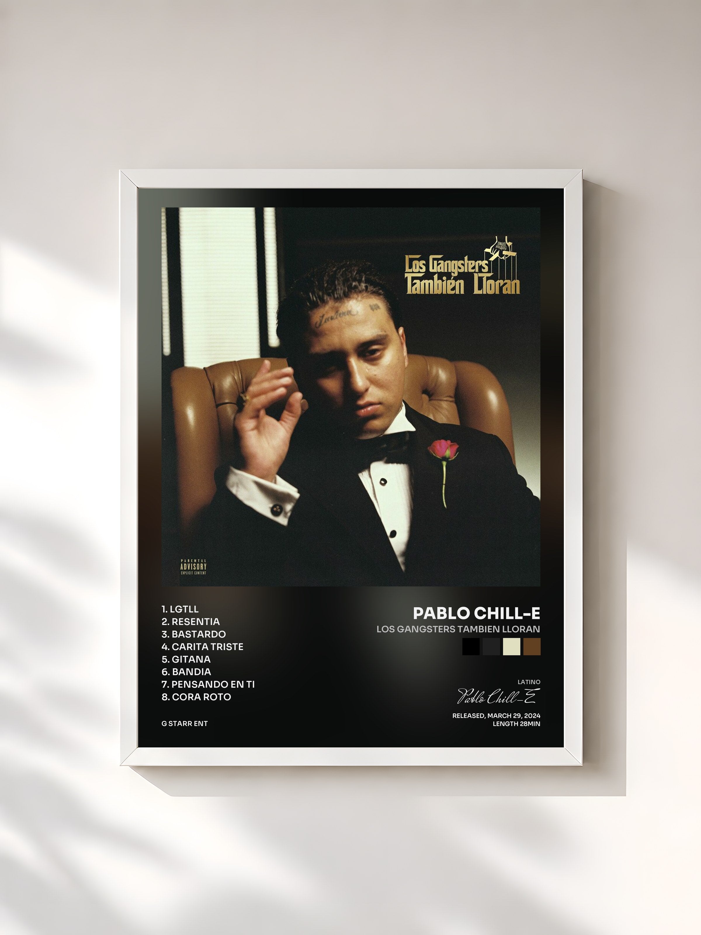 #blanc Tableau de l'album Los Gangsters Tambien Lloran de Pablo Chill-E, cadre blanc, imprimé et encadré en France