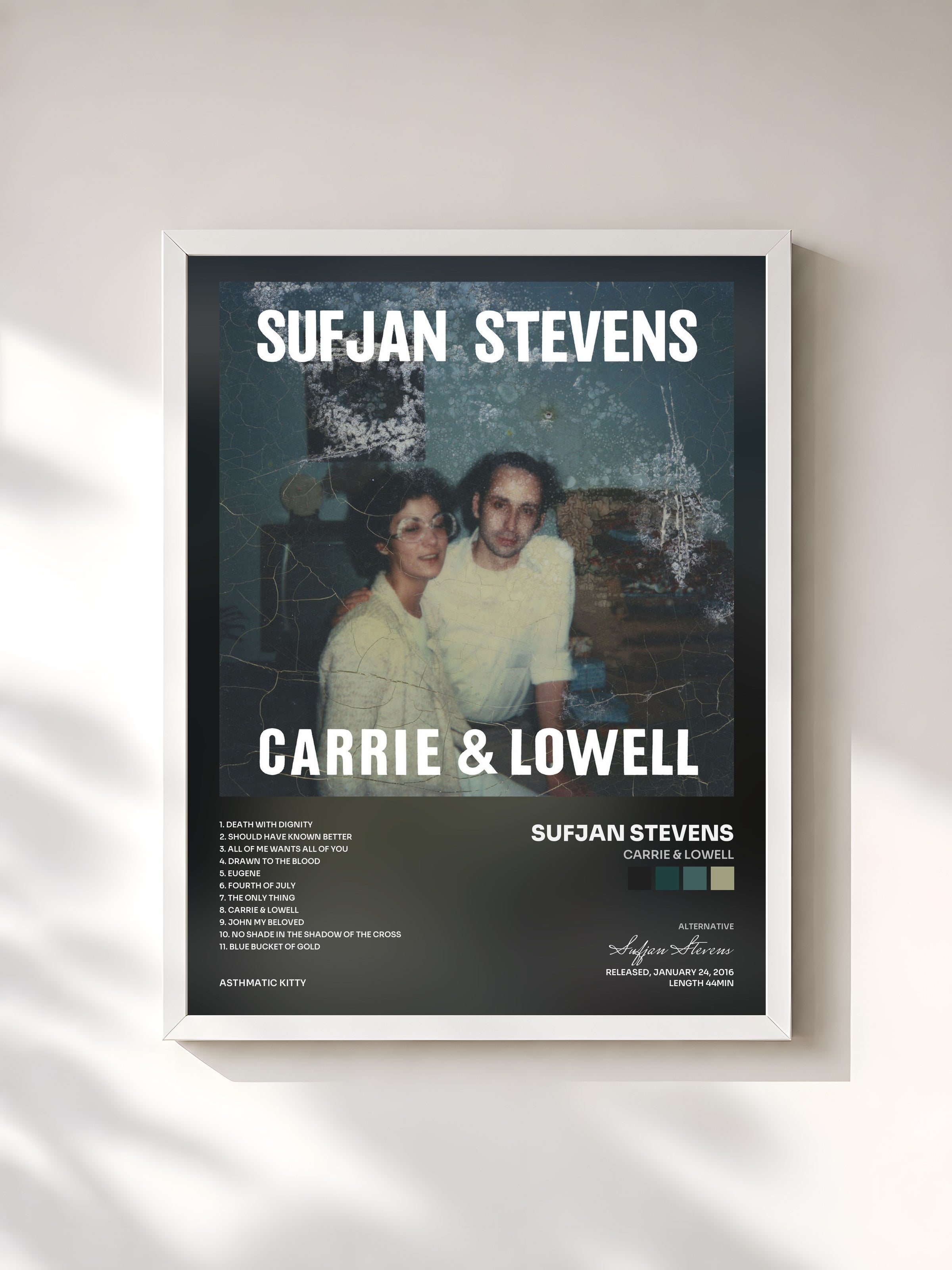 #blanc Tableau de l'album Carrie & Lowell de Sufjan Stevens, cadre blanc, imprimé et encadré en France