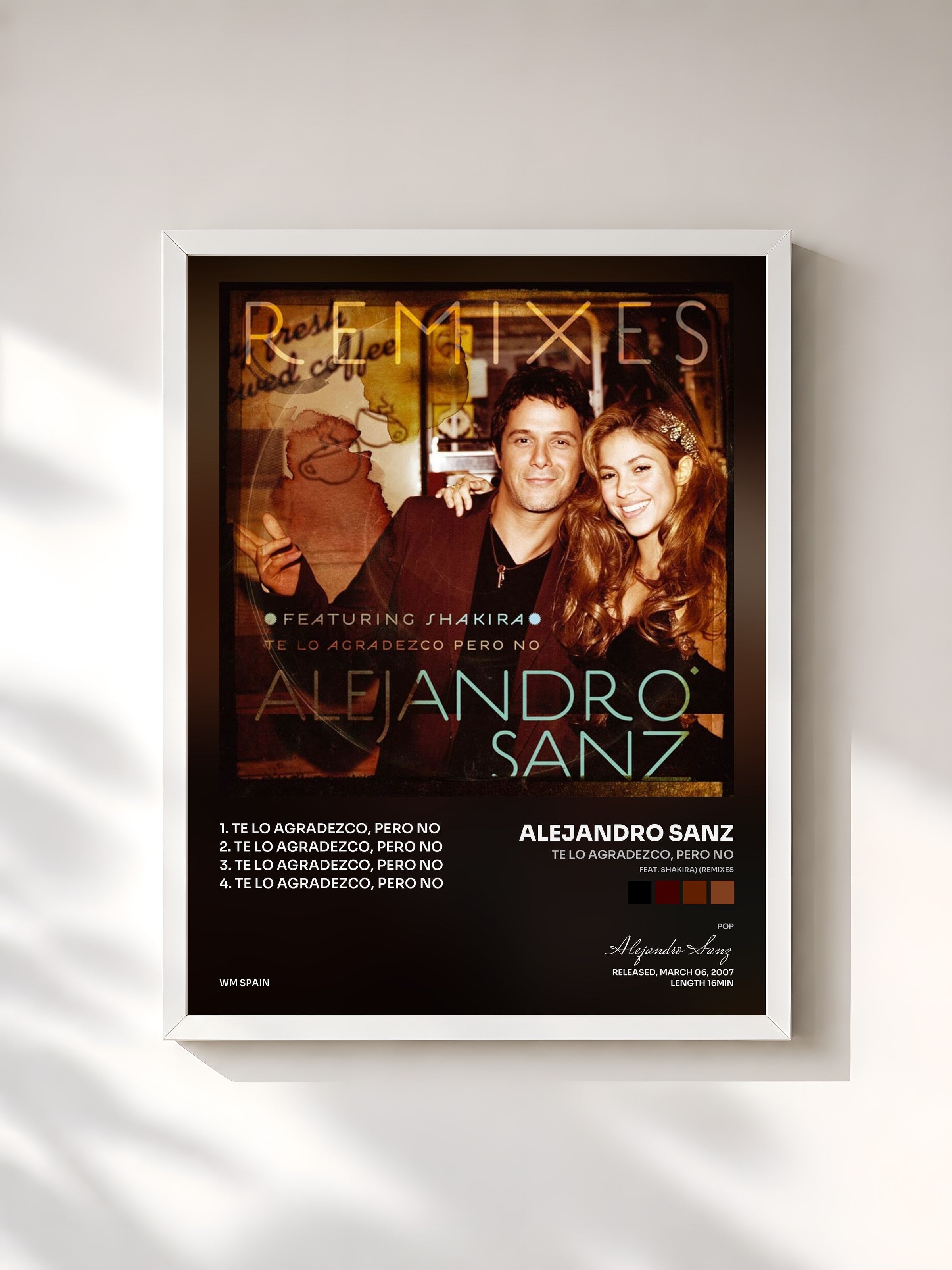 #blanc Tableau de l'album Te lo agradezco, pero no (feat. Shakira) (Remixes) de Alejandro Sanz, cadre blanc, imprimé et encadré en France