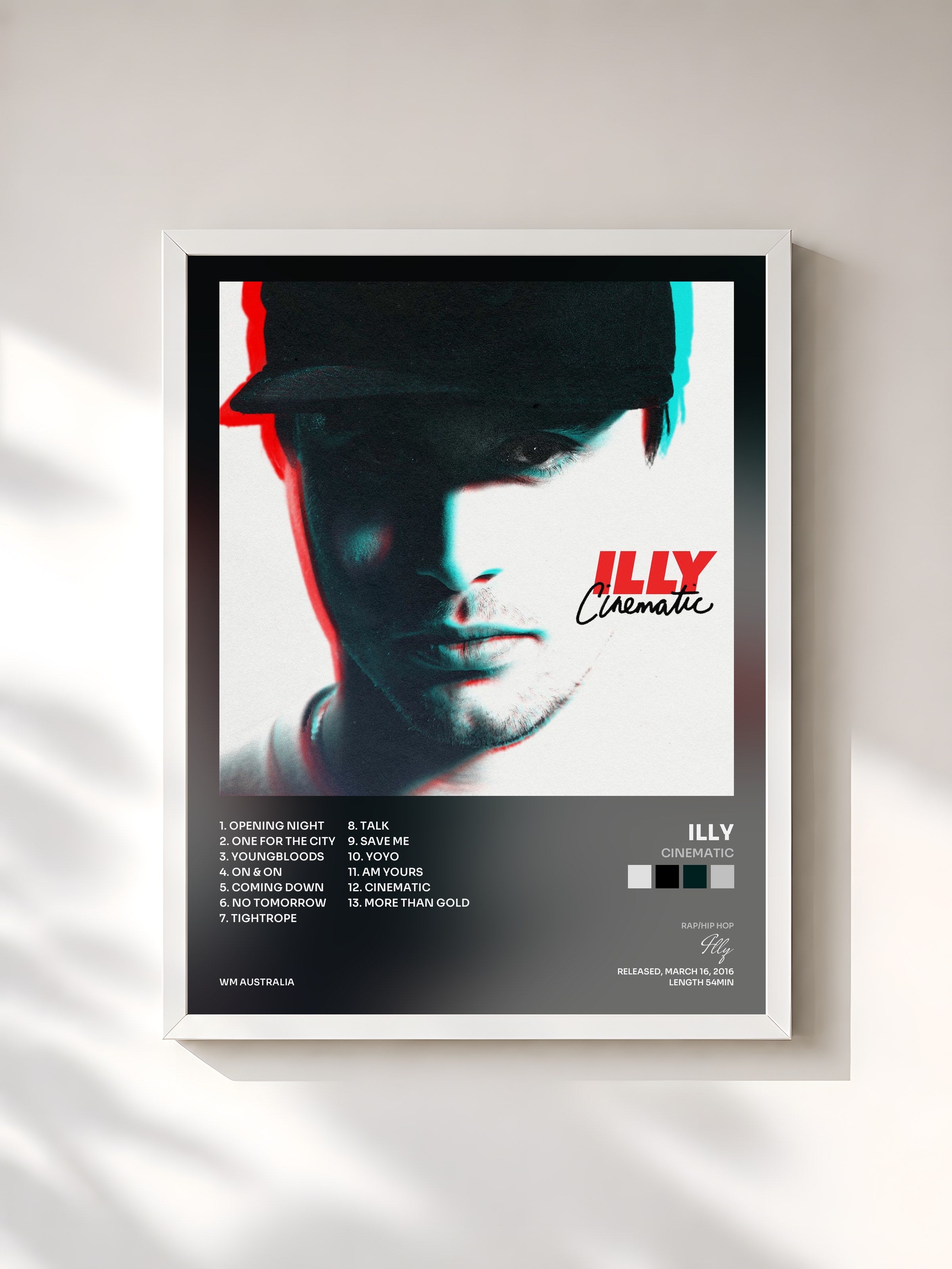 #blanc Tableau de l'album Cinematic de Illy, cadre blanc, imprimé et encadré en France