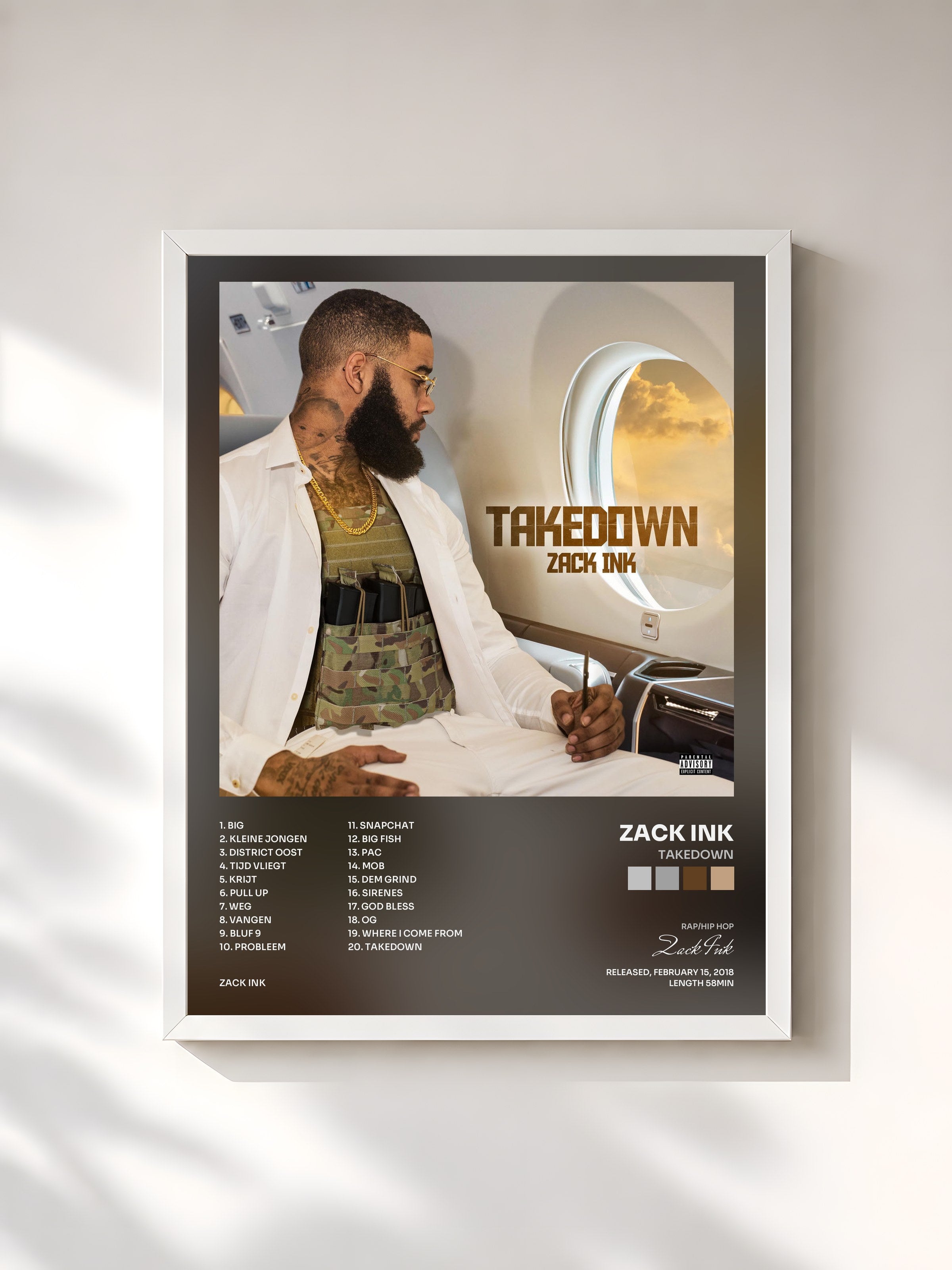 #blanc Tableau de l'album Takedown de Zack Ink, cadre blanc, imprimé et encadré en France