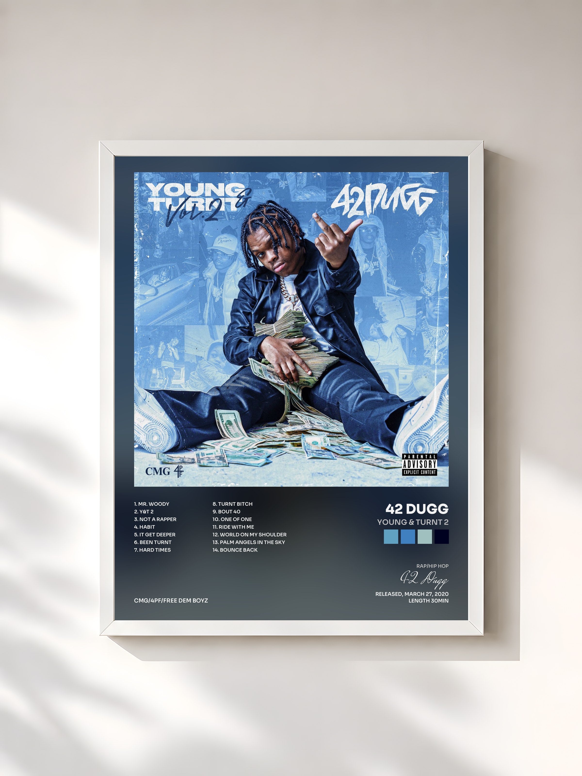 #blanc Tableau de l'album Young & Turnt 2 de 42 Dugg, cadre blanc, imprimé et encadré en France