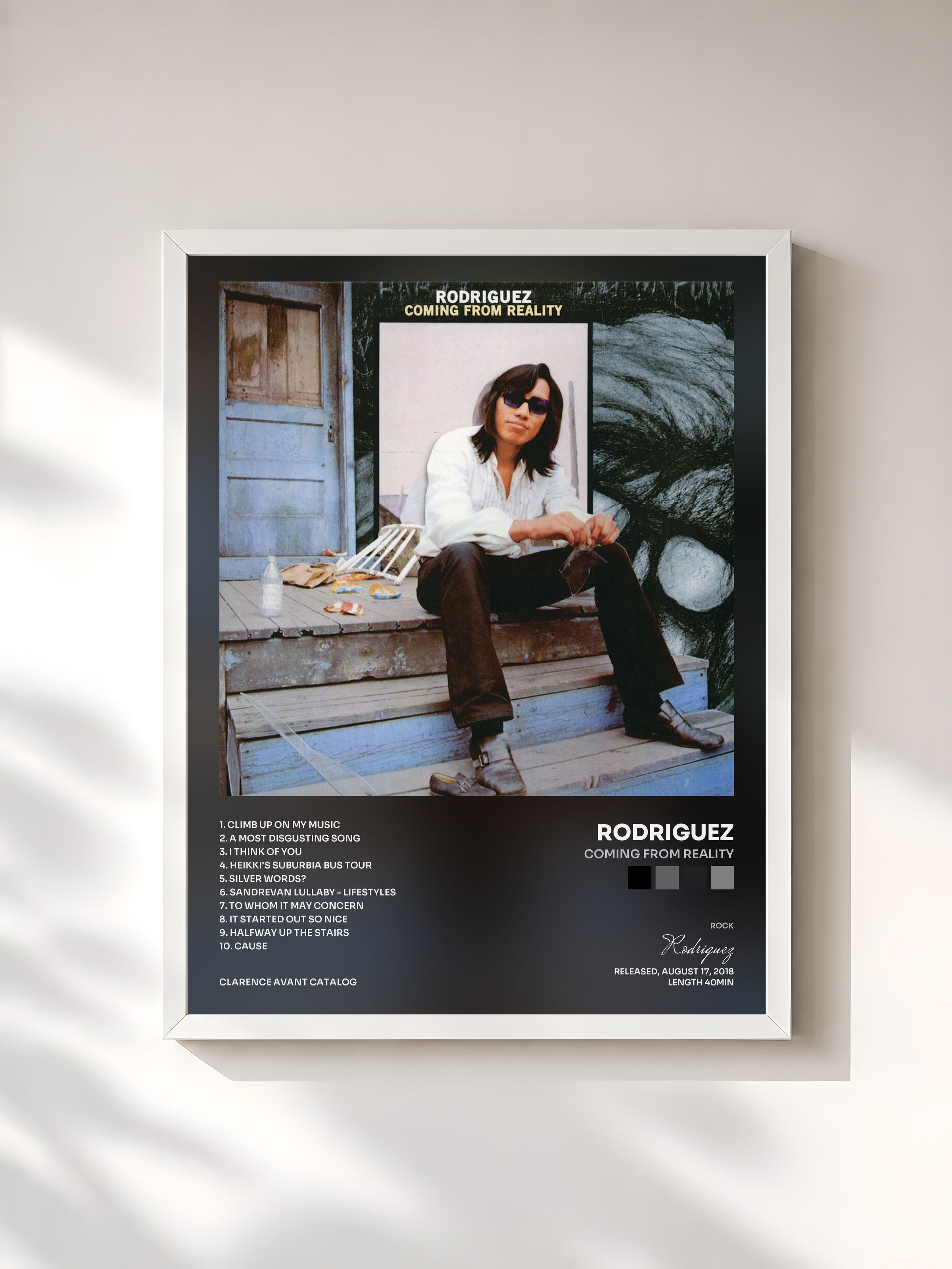 #blanc Tableau de l'album Coming From Reality de Rodriguez, cadre blanc, imprimé et encadré en France