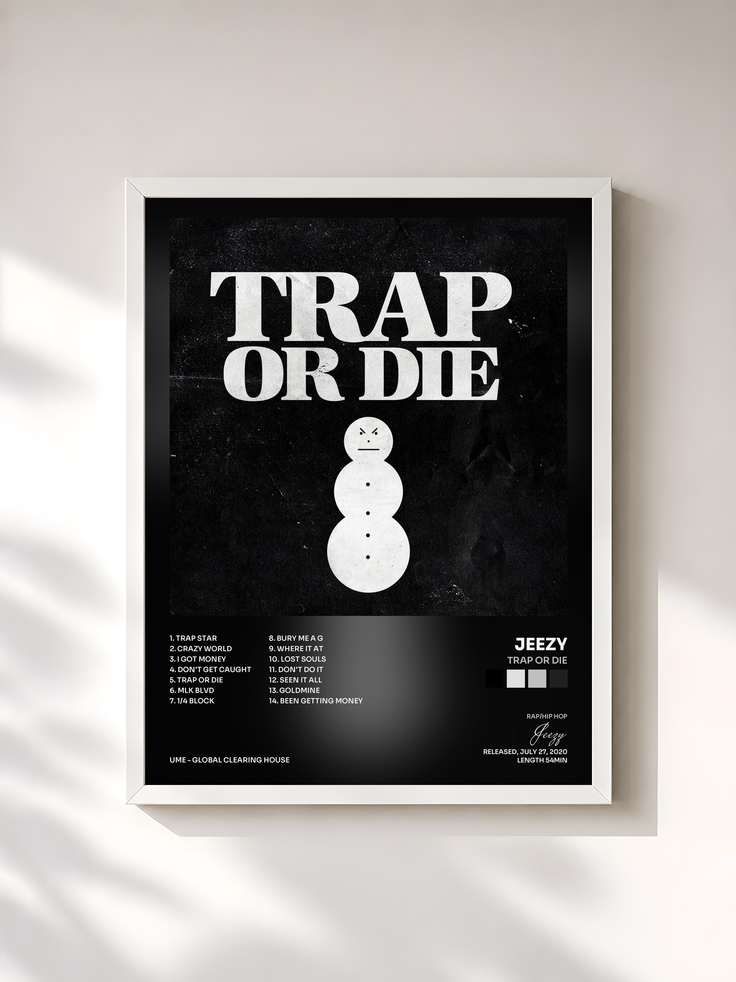 #blanc Tableau de l'album Trap or Die de Jeezy, cadre blanc, imprimé et encadré en France