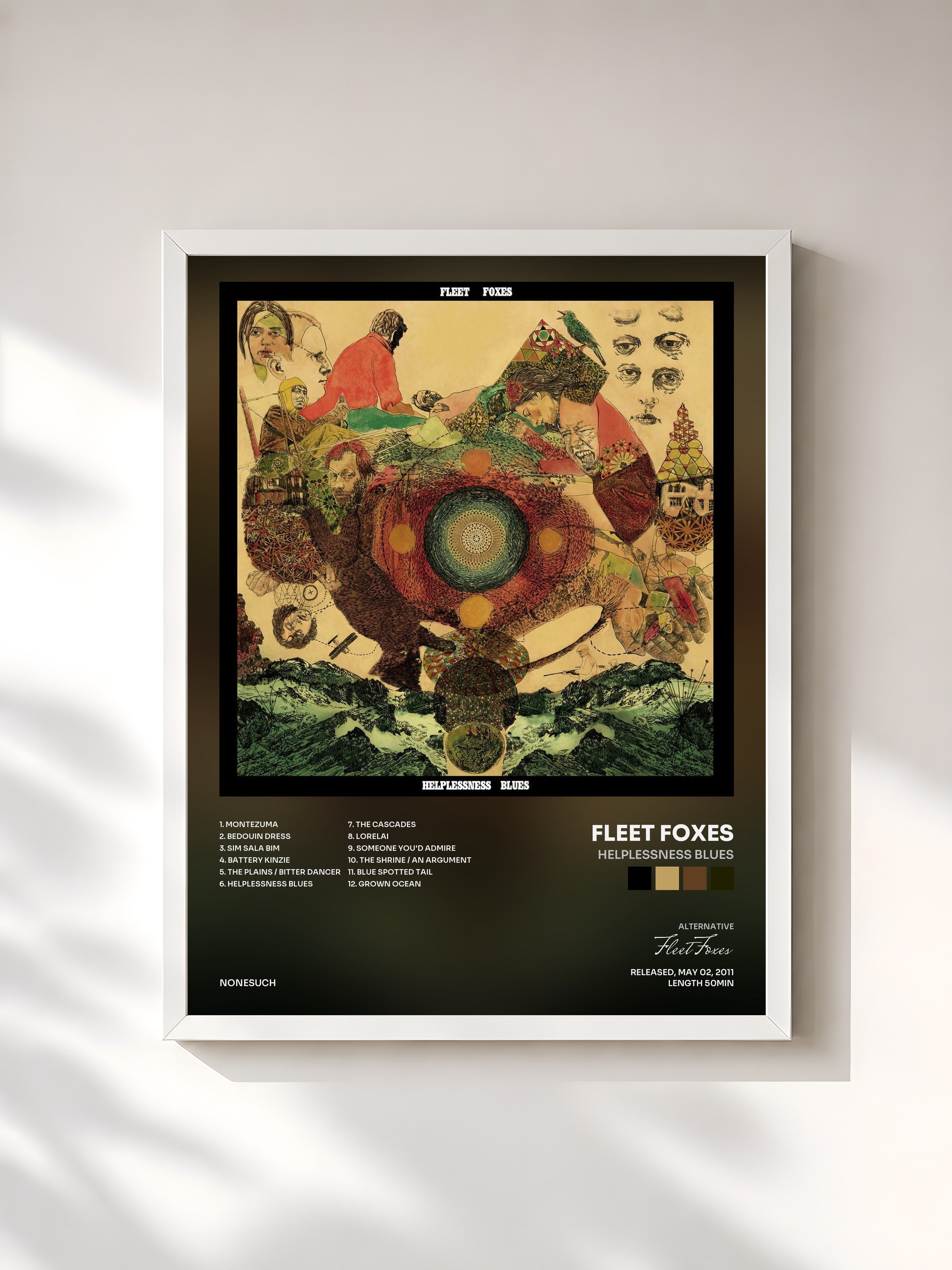 #blanc Tableau de l'album Helplessness Blues de Fleet Foxes, cadre blanc, imprimé et encadré en France