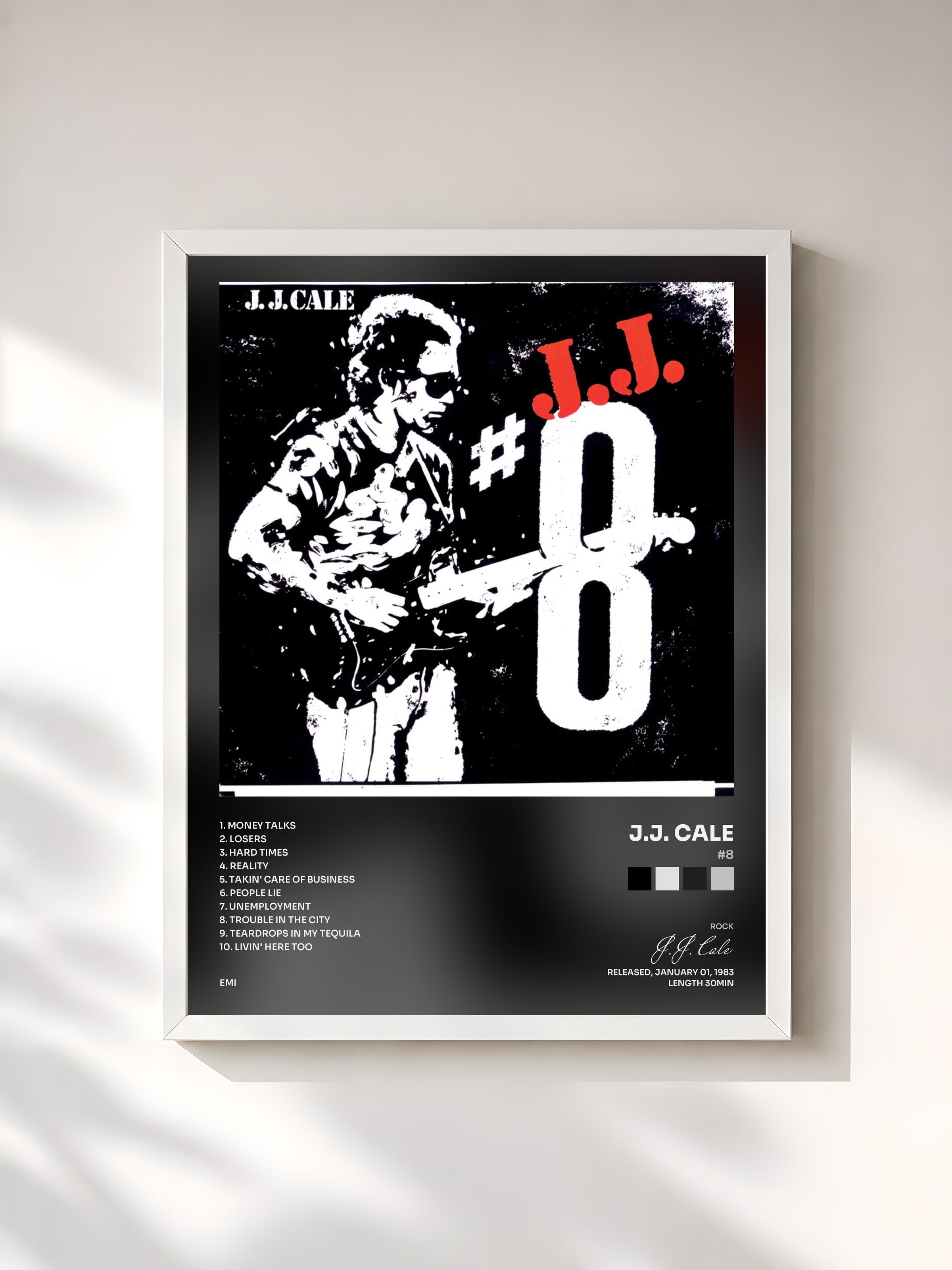 #blanc Tableau de l'album #8 de J.J. Cale, cadre blanc, imprimé et encadré en France