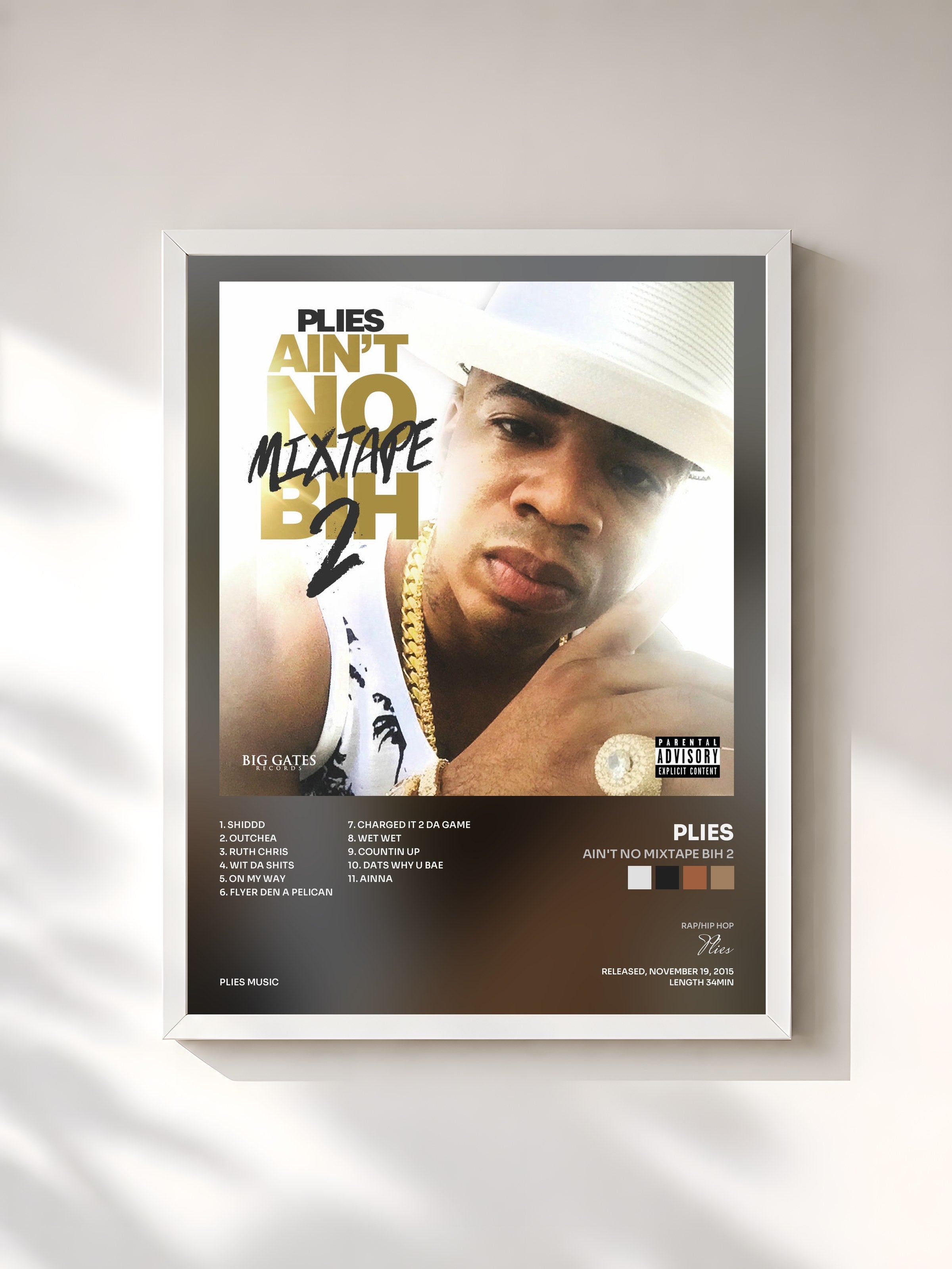 #blanc Tableau de l'album Ain't No Mixtape Bih 2 de Plies, cadre blanc, imprimé et encadré en France