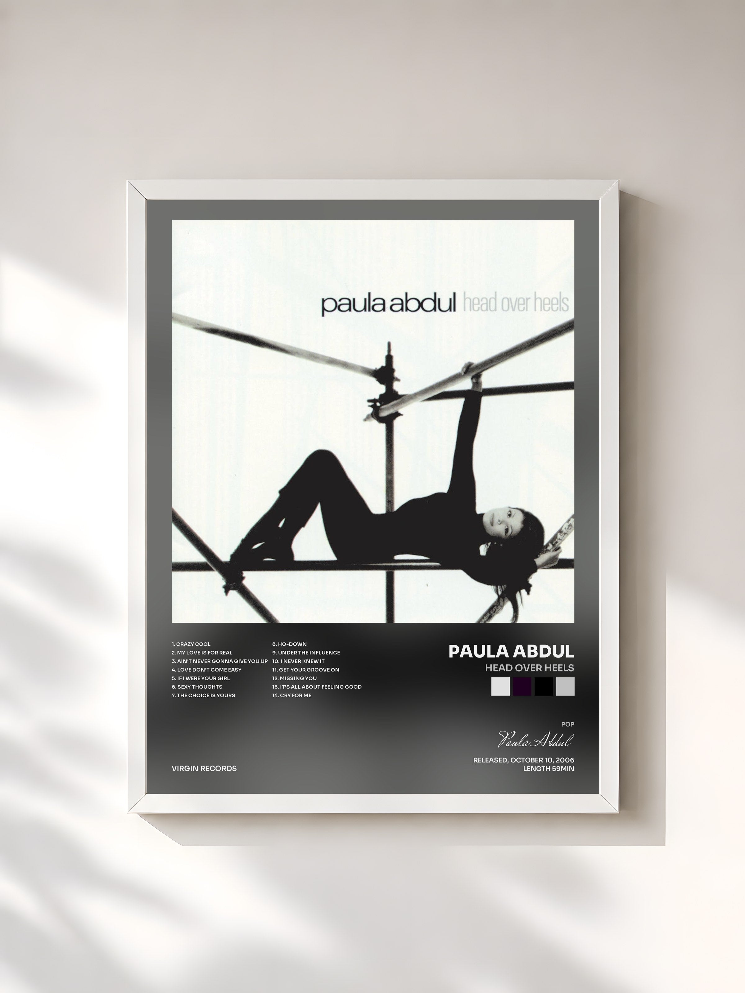 #blanc Tableau de l'album Head Over Heels de Paula Abdul, cadre blanc, imprimé et encadré en France