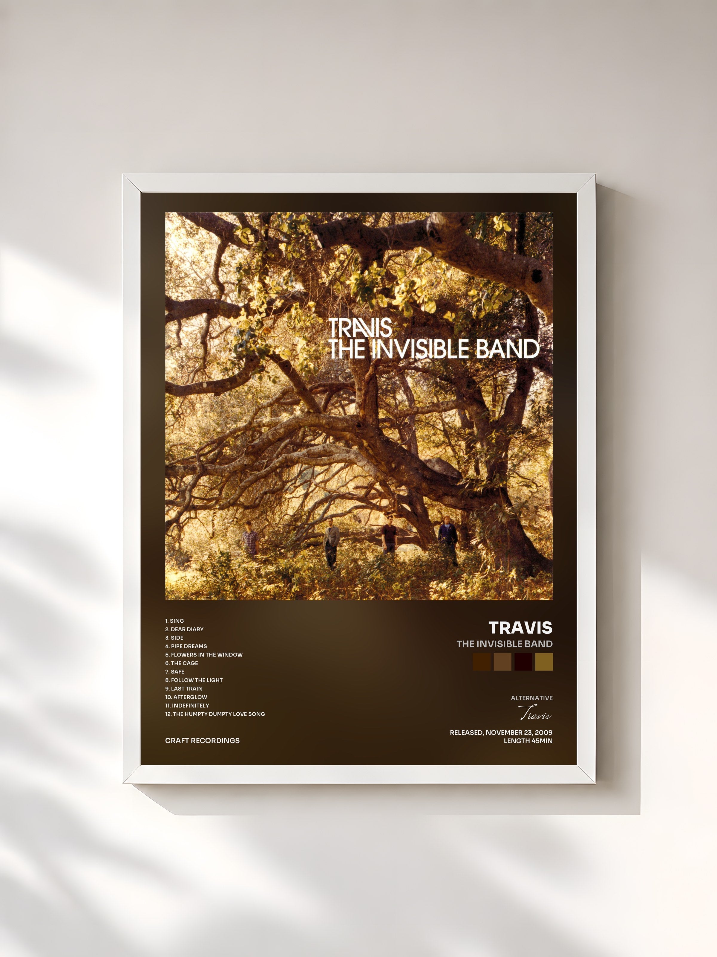#blanc Tableau de l'album The Invisible Band de Travis, cadre blanc, imprimé et encadré en France