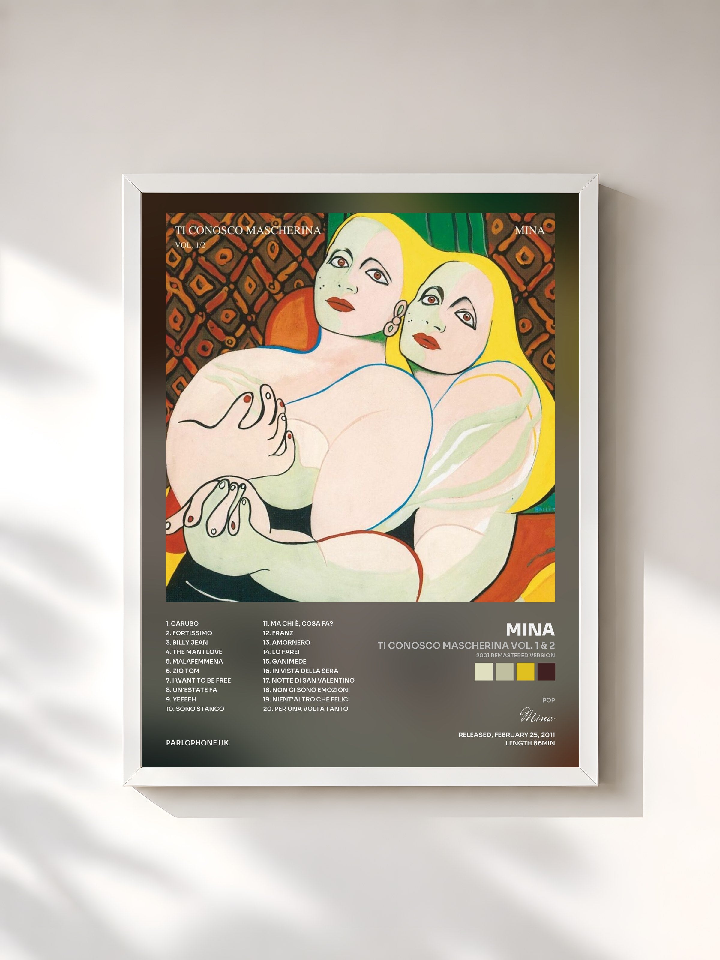 #blanc Tableau de l'album Ti conosco mascherina Vol. 1 & 2 (2001 Remastered Version) de Mina, cadre blanc, imprimé et encadré en France