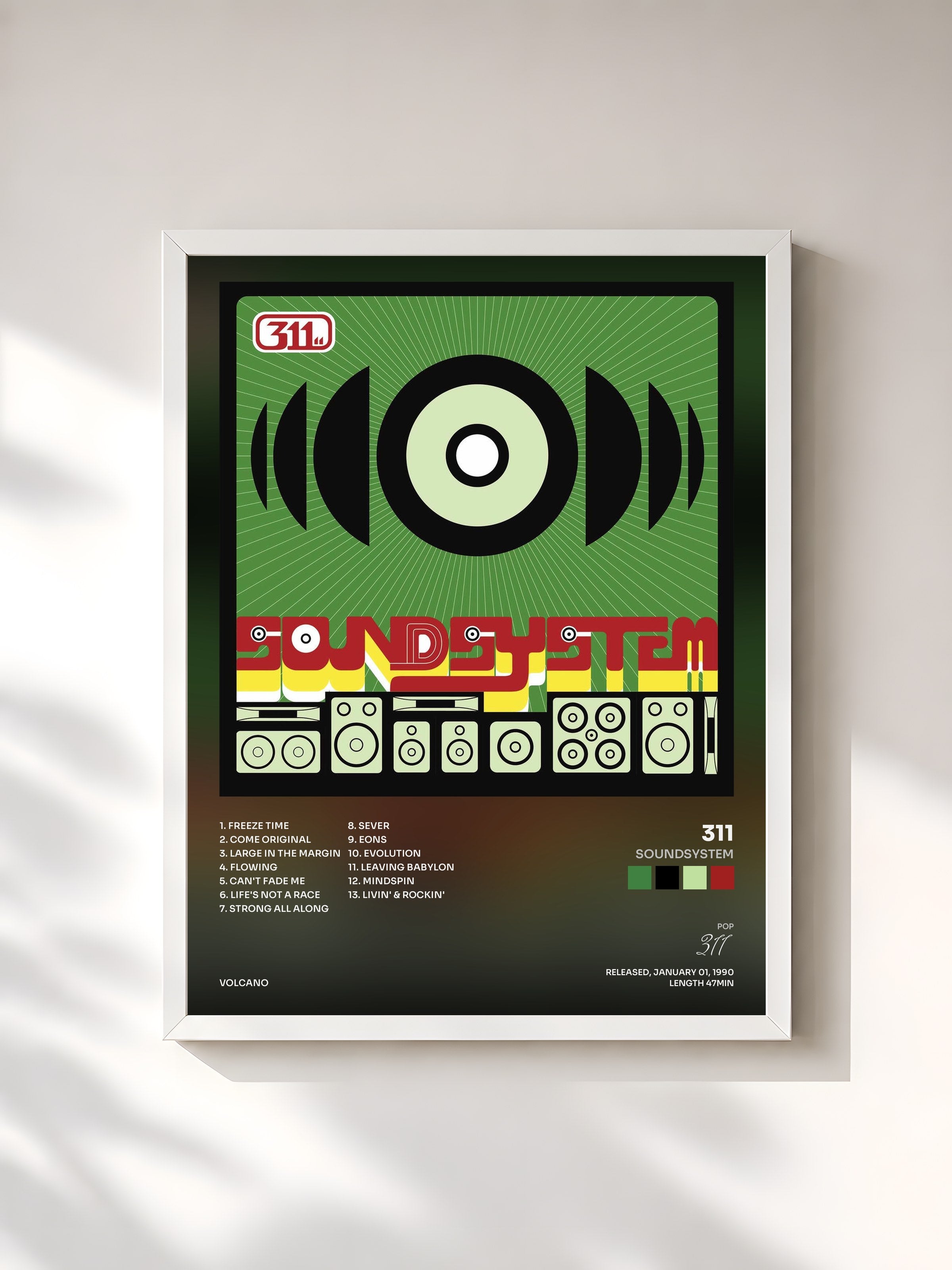 #blanc Tableau de l'album Soundsystem de 311, cadre blanc, imprimé et encadré en France