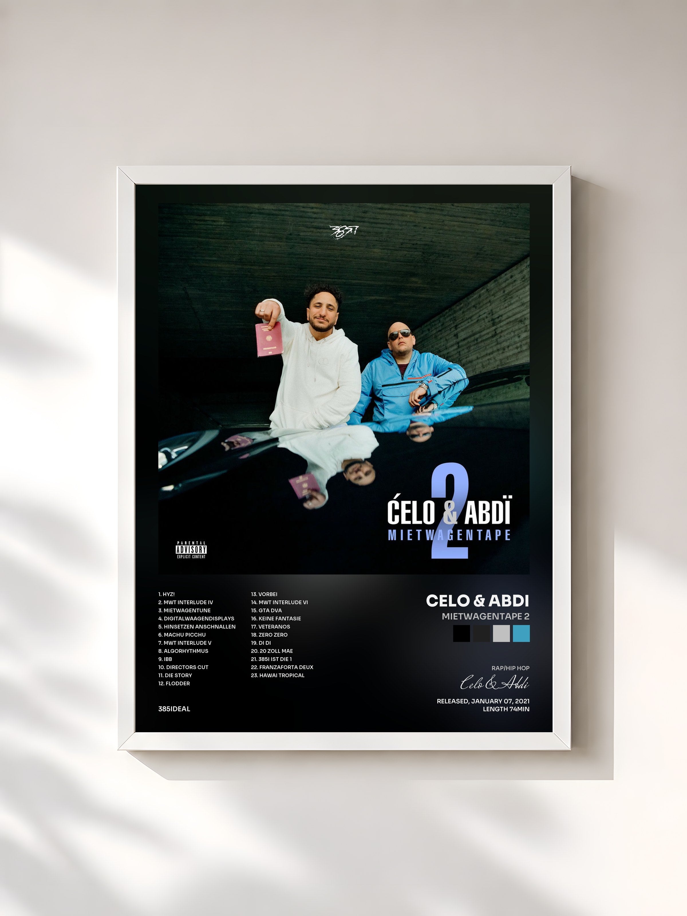 #blanc Tableau de l'album Mietwagentape 2 de Celo & Abdi, cadre blanc, imprimé et encadré en France