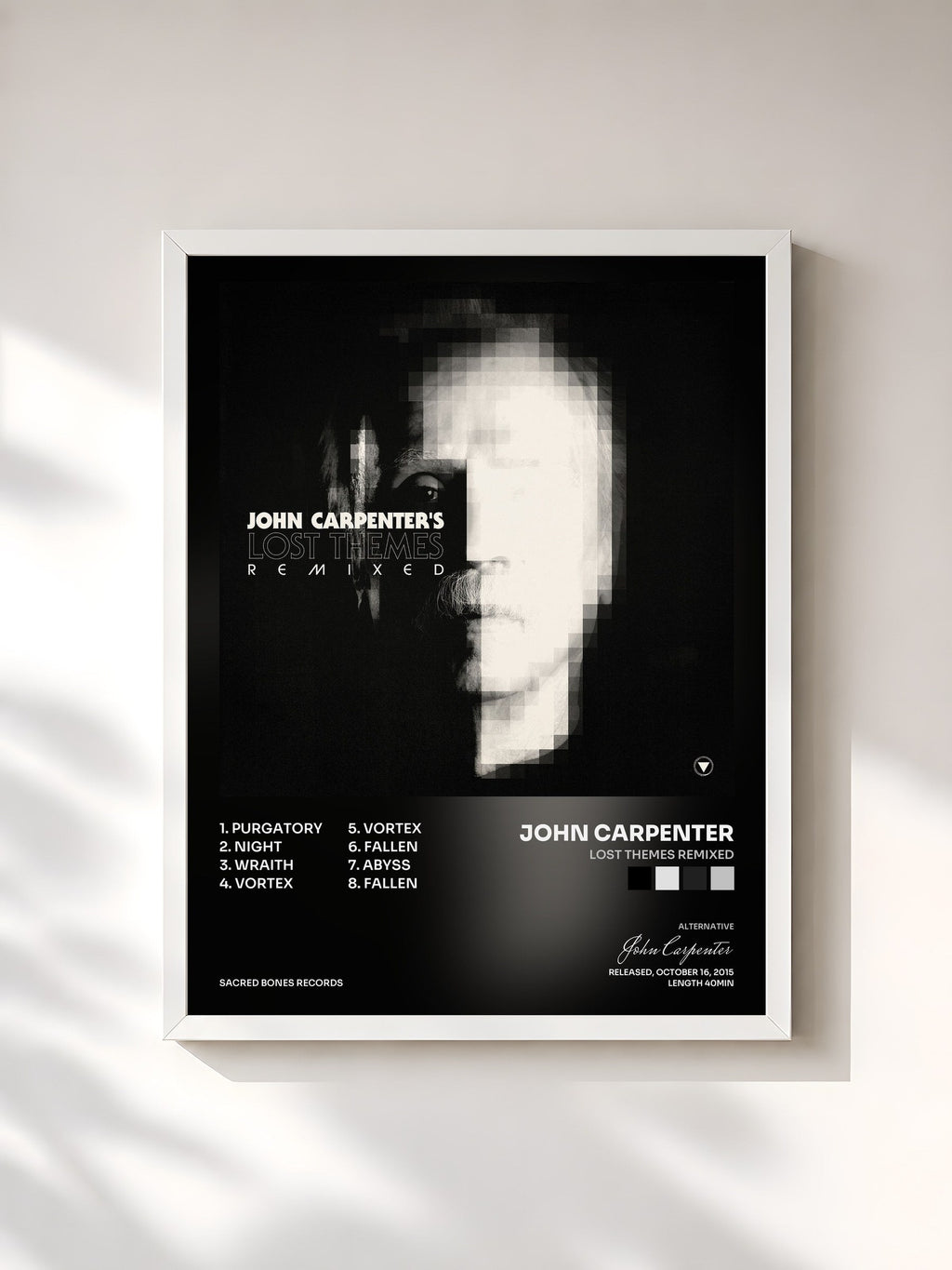 #blanc Lost Themes Remixed de John Carpenter en lámina enmarcada, marco blanco, impresa y enmarcada en Francia