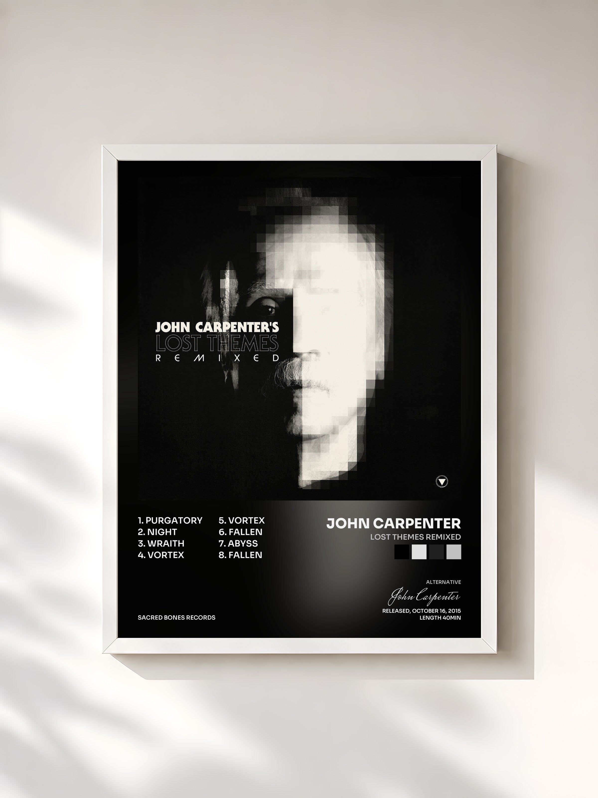 #blanc Tableau de l'album Lost Themes Remixed de John Carpenter, cadre blanc, imprimé et encadré en France
