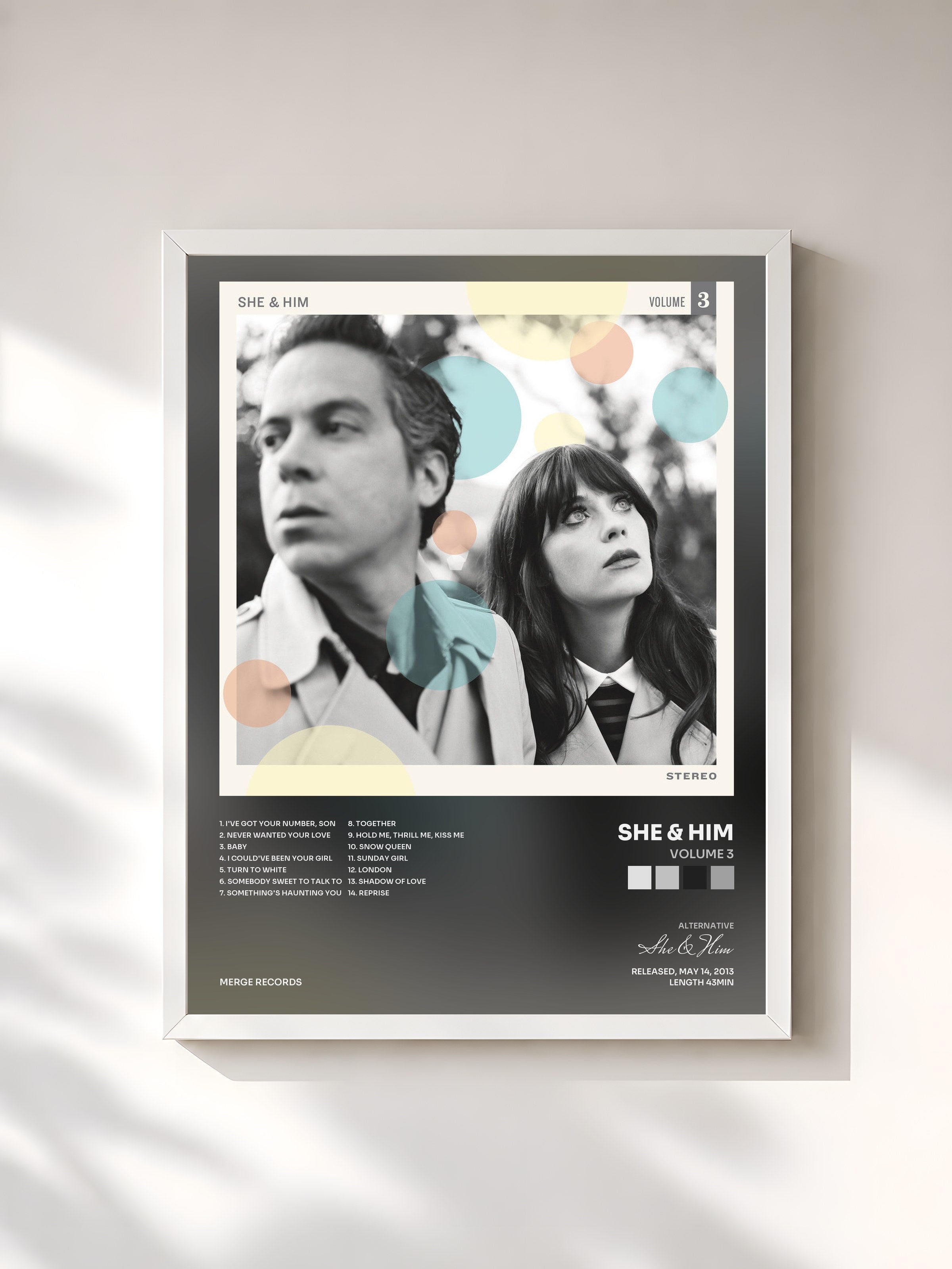 #blanc Tableau de l'album Volume 3 de She & Him, cadre blanc, imprimé et encadré en France