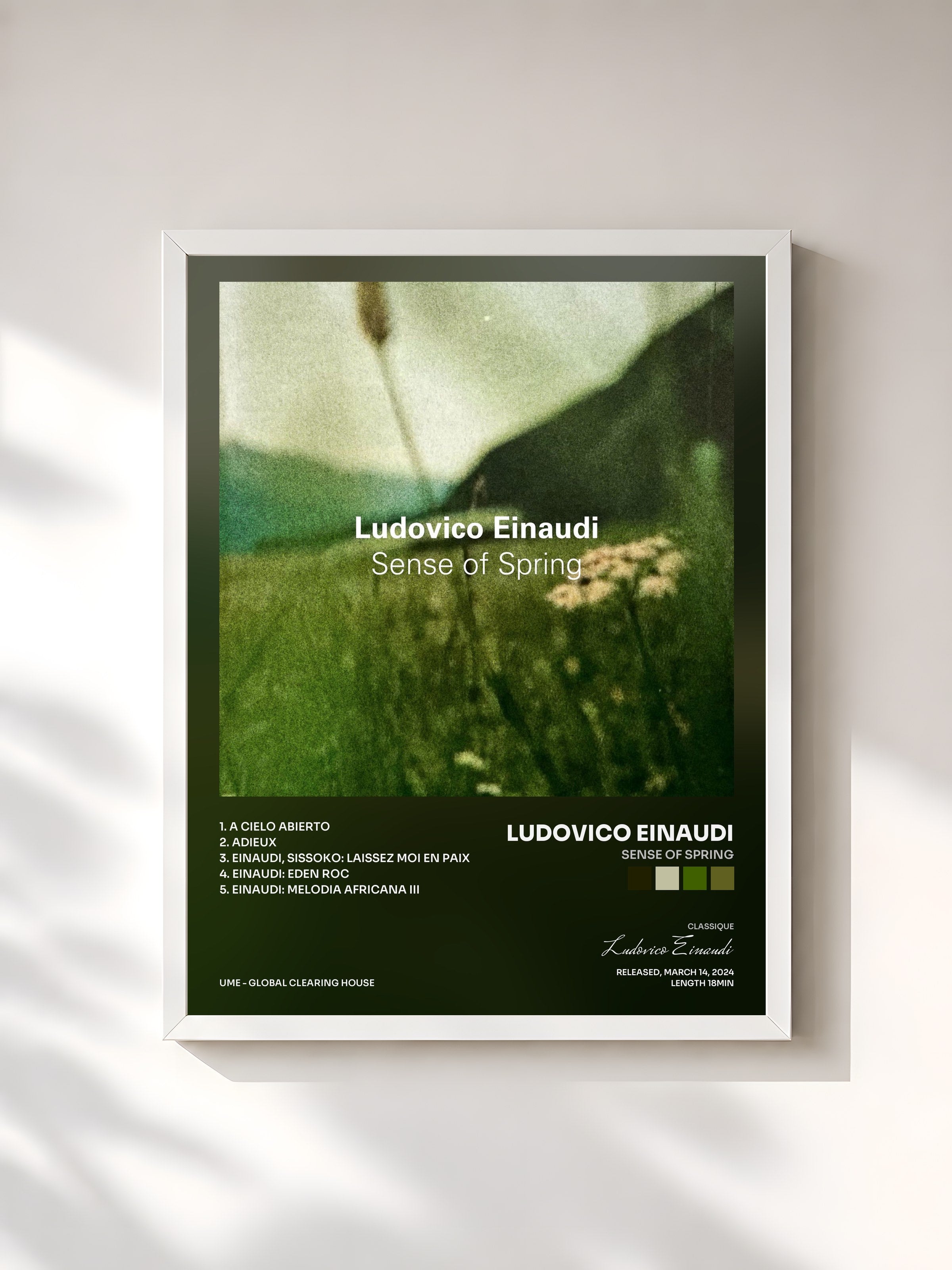 #blanc Tableau de l'album Sense of Spring de Ludovico Einaudi, cadre blanc, imprimé et encadré en France