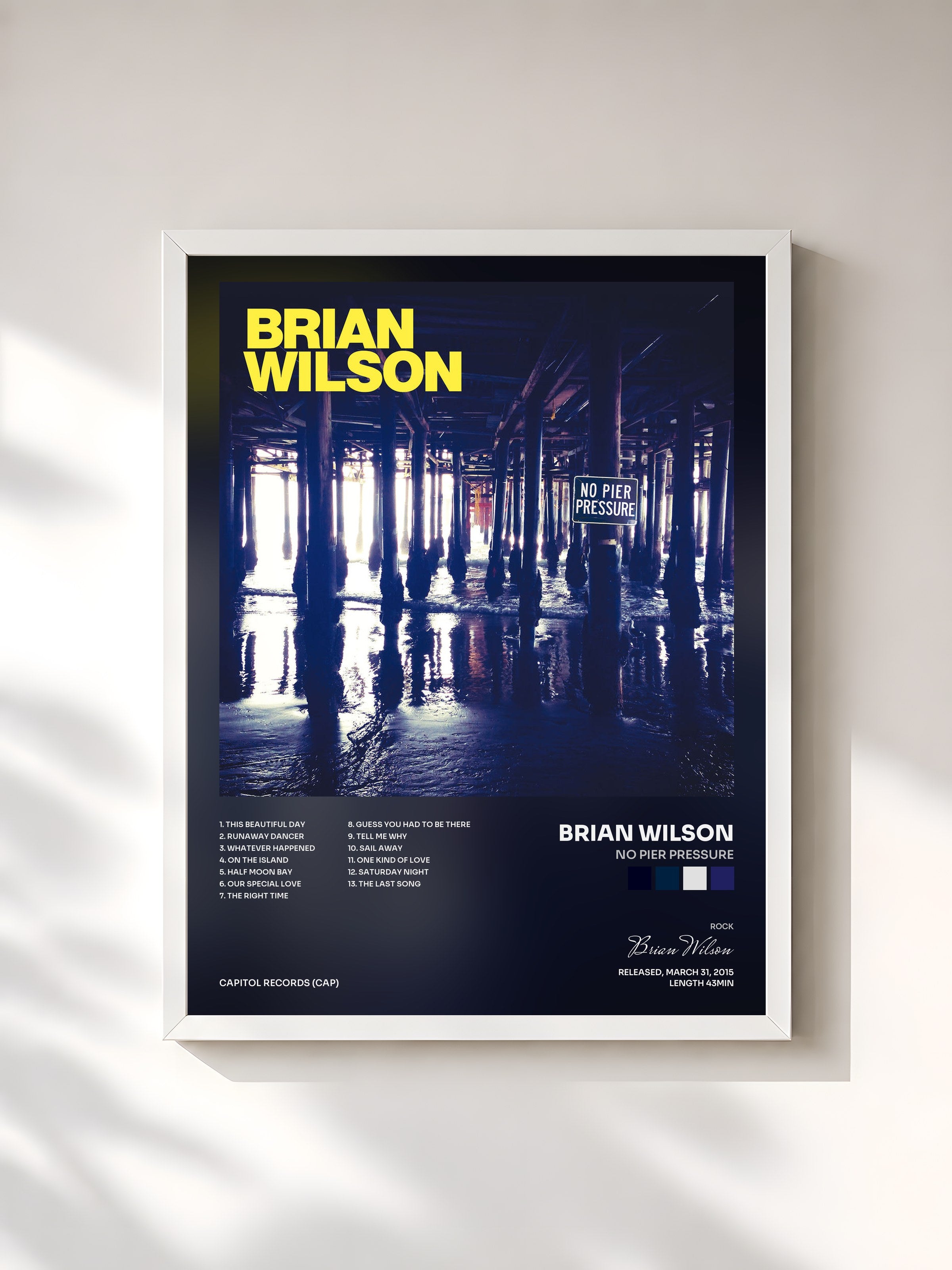 #blanc Tableau de l'album No Pier Pressure de Brian Wilson, cadre blanc, imprimé et encadré en France