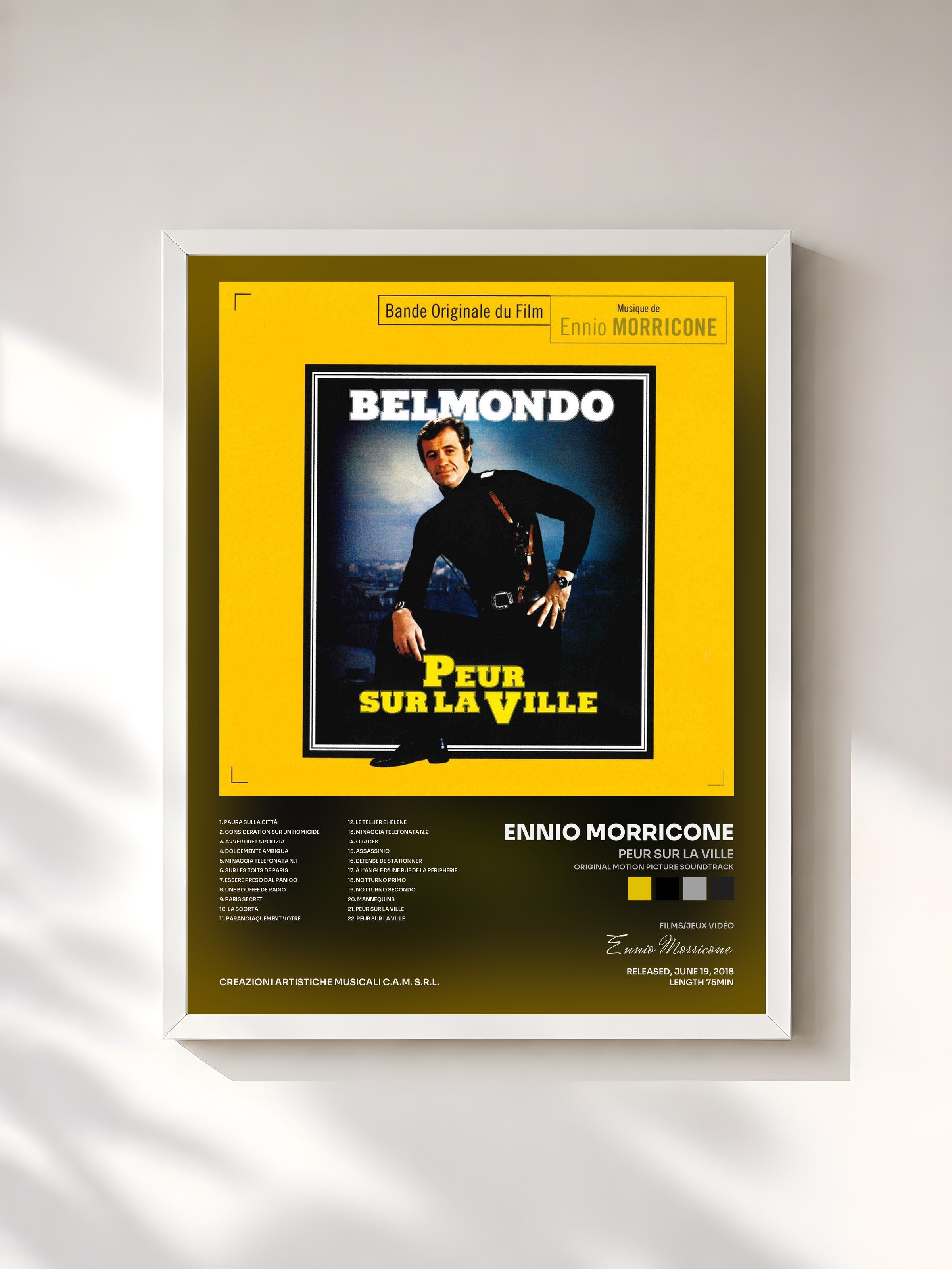 #blanc Tableau de l'album Peur Sur La Ville (Original Motion Picture Soundtrack) de Ennio Morricone, cadre blanc, imprimé et encadré en France