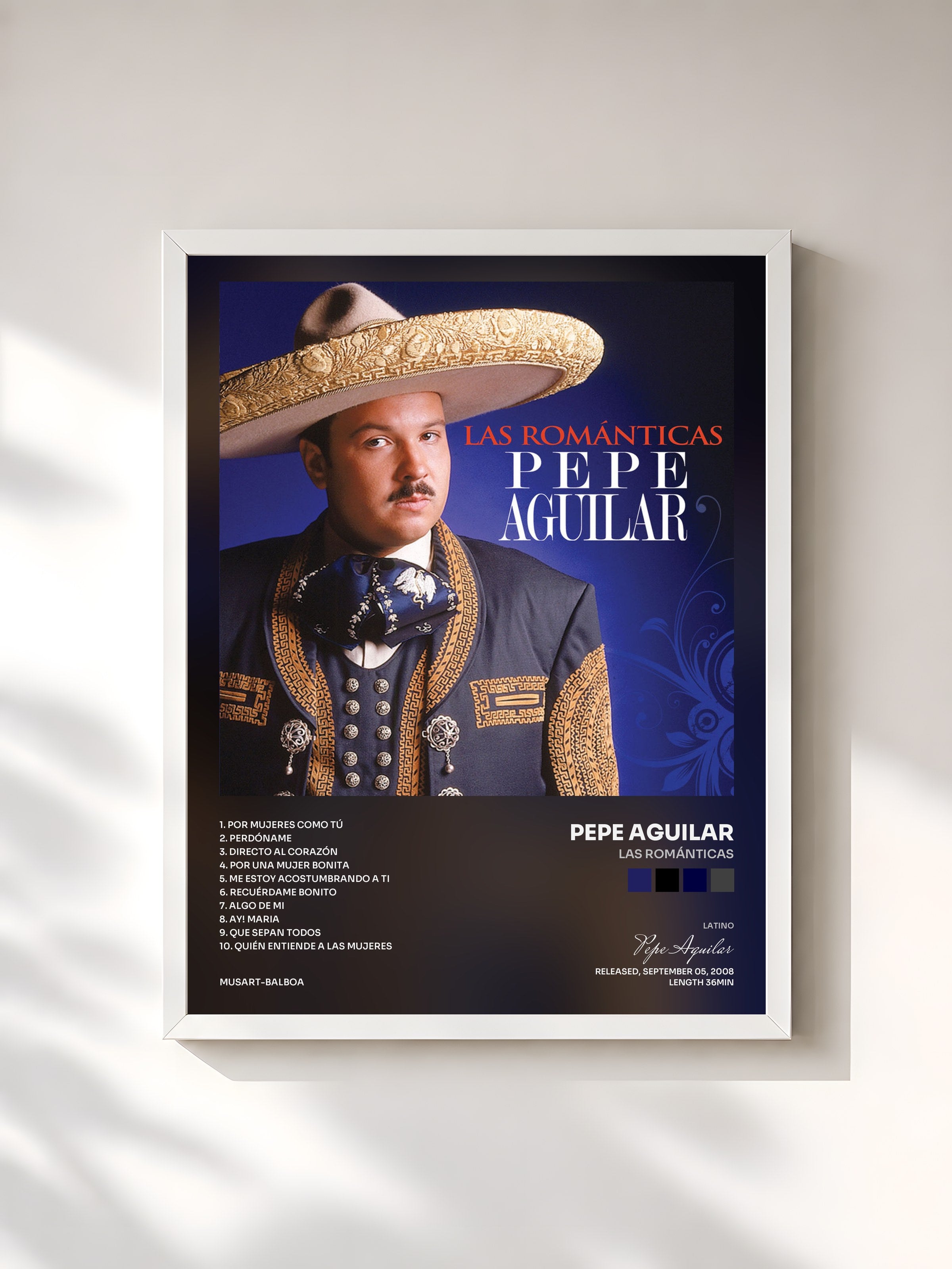 #blanc Tableau de l'album Las Románticas de Pepe Aguilar, cadre blanc, imprimé et encadré en France