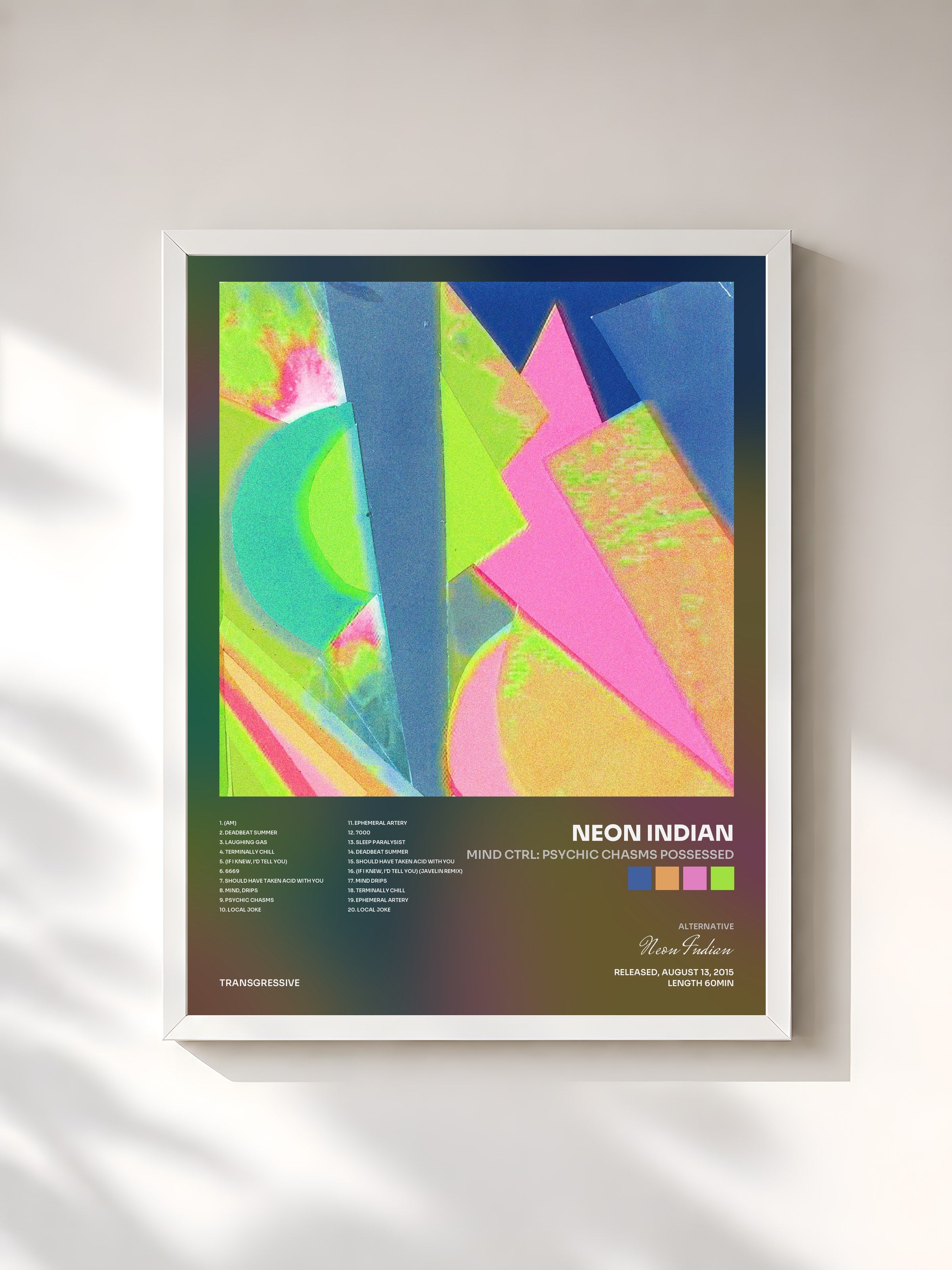 #blanc Tableau de l'album Mind Ctrl: Psychic Chasms Possessed de Neon Indian, cadre blanc, imprimé et encadré en France