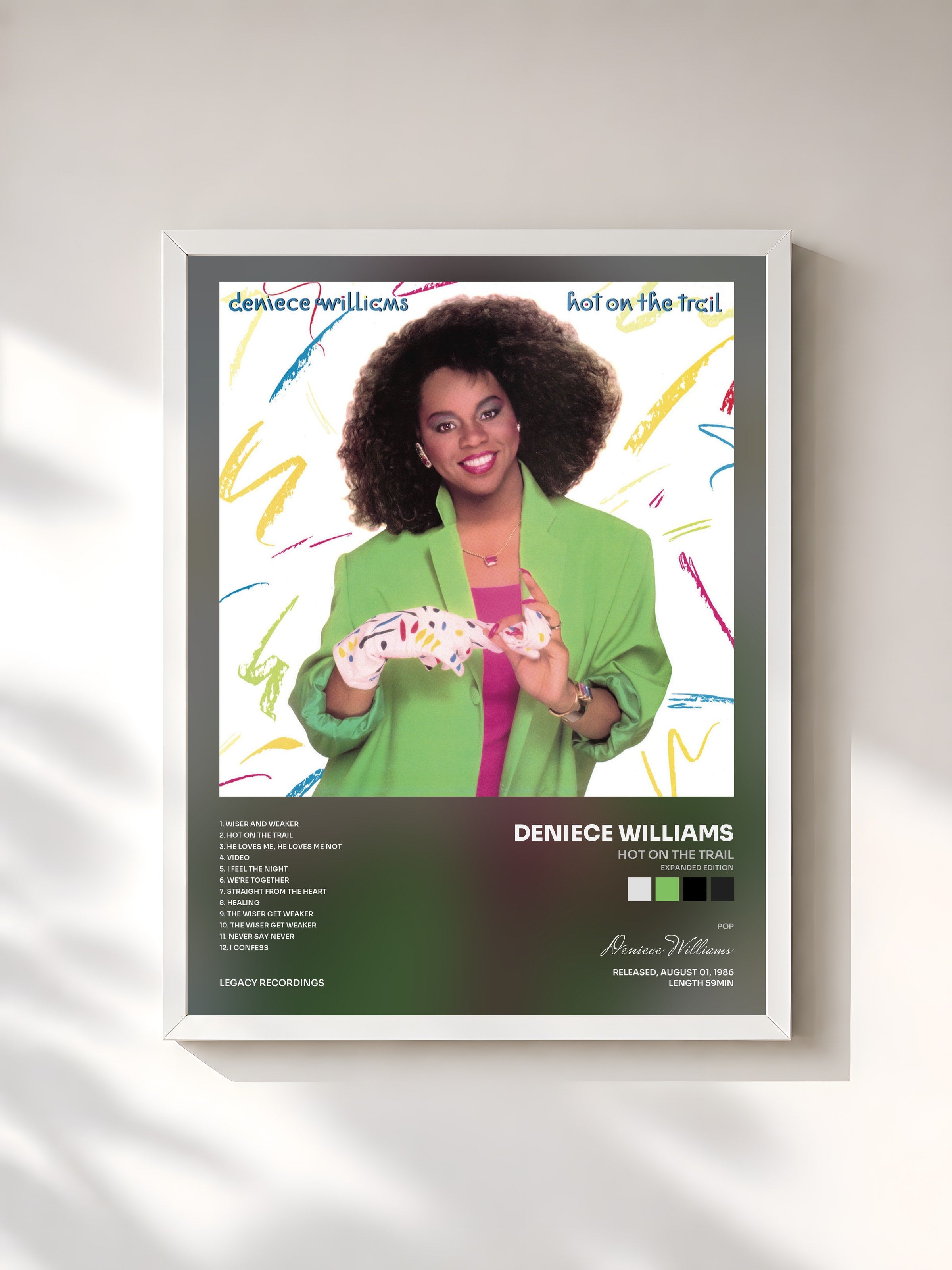 #blanc Tableau de l'album Hot On the Trail (Expanded Edition) de Deniece Williams, cadre blanc, imprimé et encadré en France