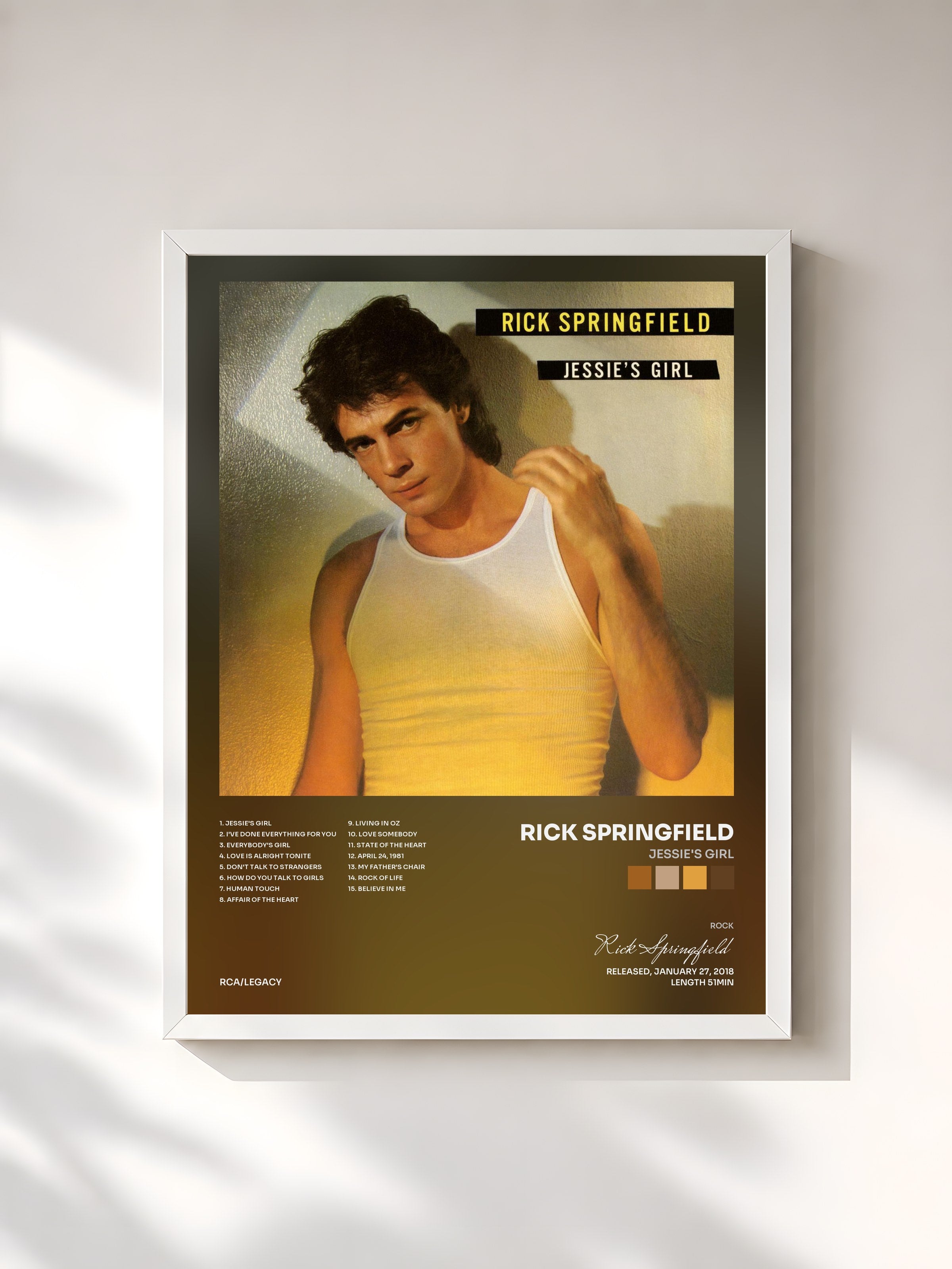 #blanc Tableau de l'album Jessie's Girl de Rick Springfield, cadre blanc, imprimé et encadré en France