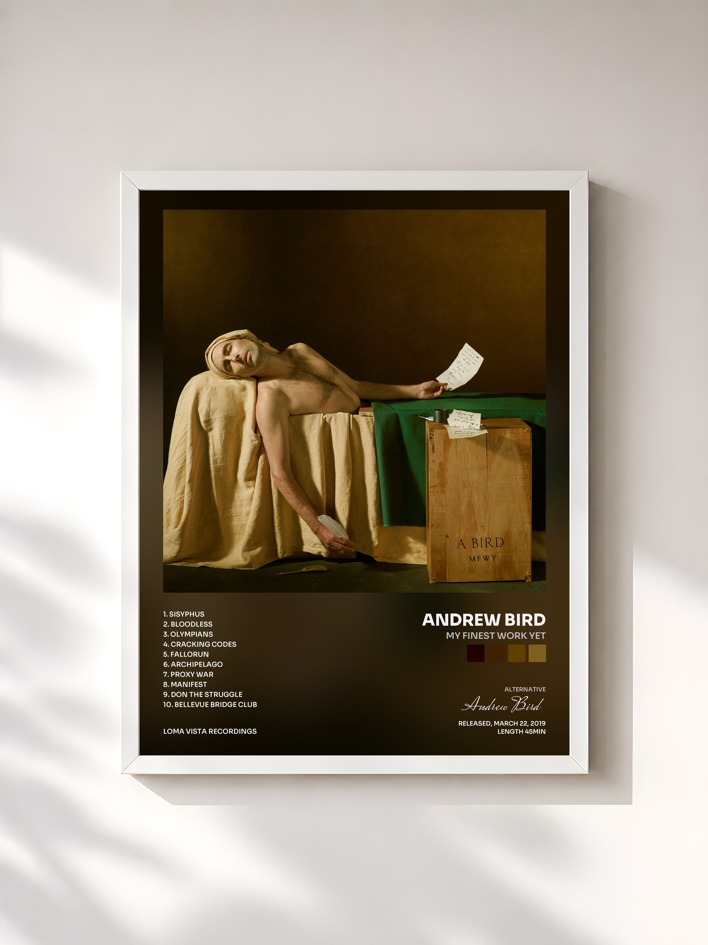 #blanc Tableau de l'album My Finest Work Yet de Andrew Bird, cadre blanc, imprimé et encadré en France